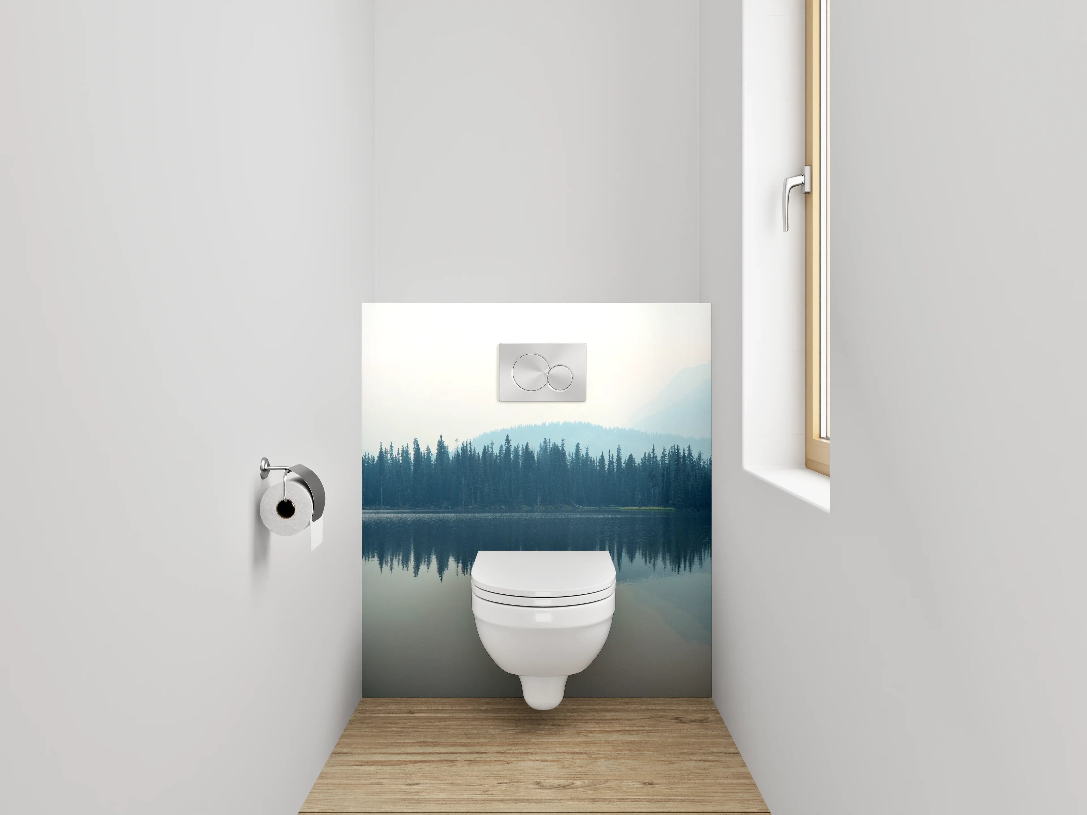 WC-Rückwand - Panoramablick ruhiger See und Wald