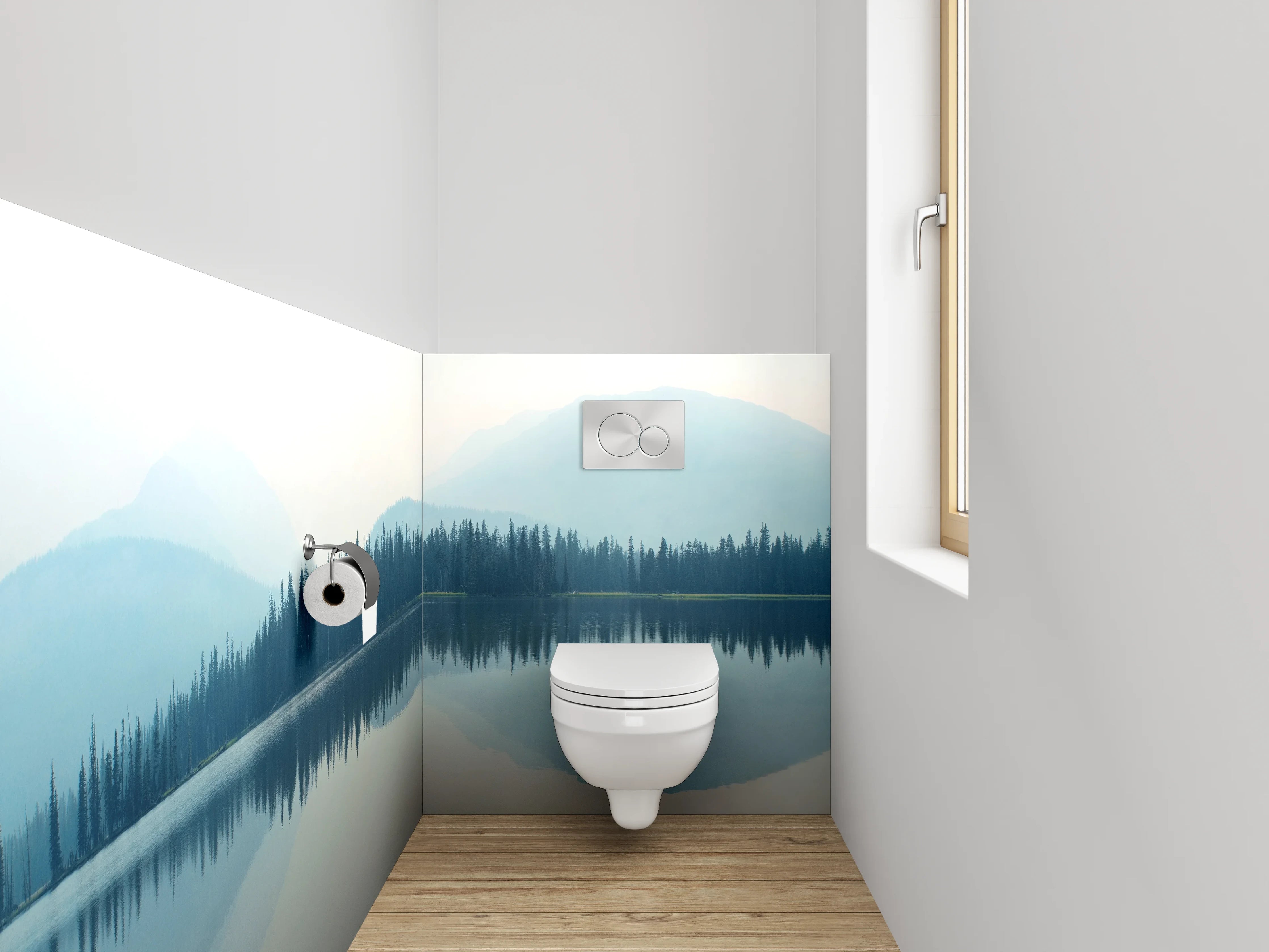WC-Rückwand - Panoramablick ruhiger See und Wald