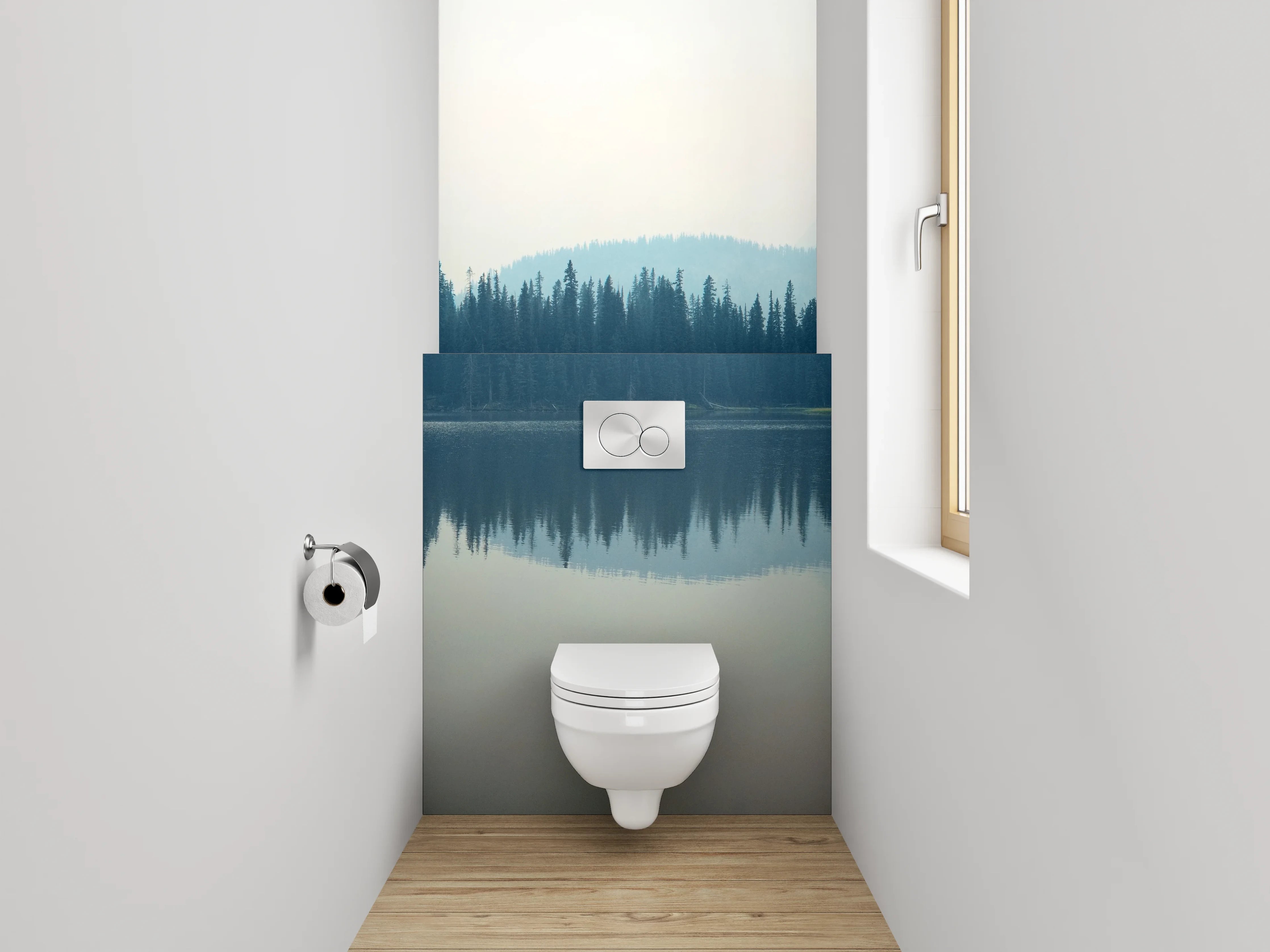 WC-Rückwand - Panoramablick ruhiger See und Wald