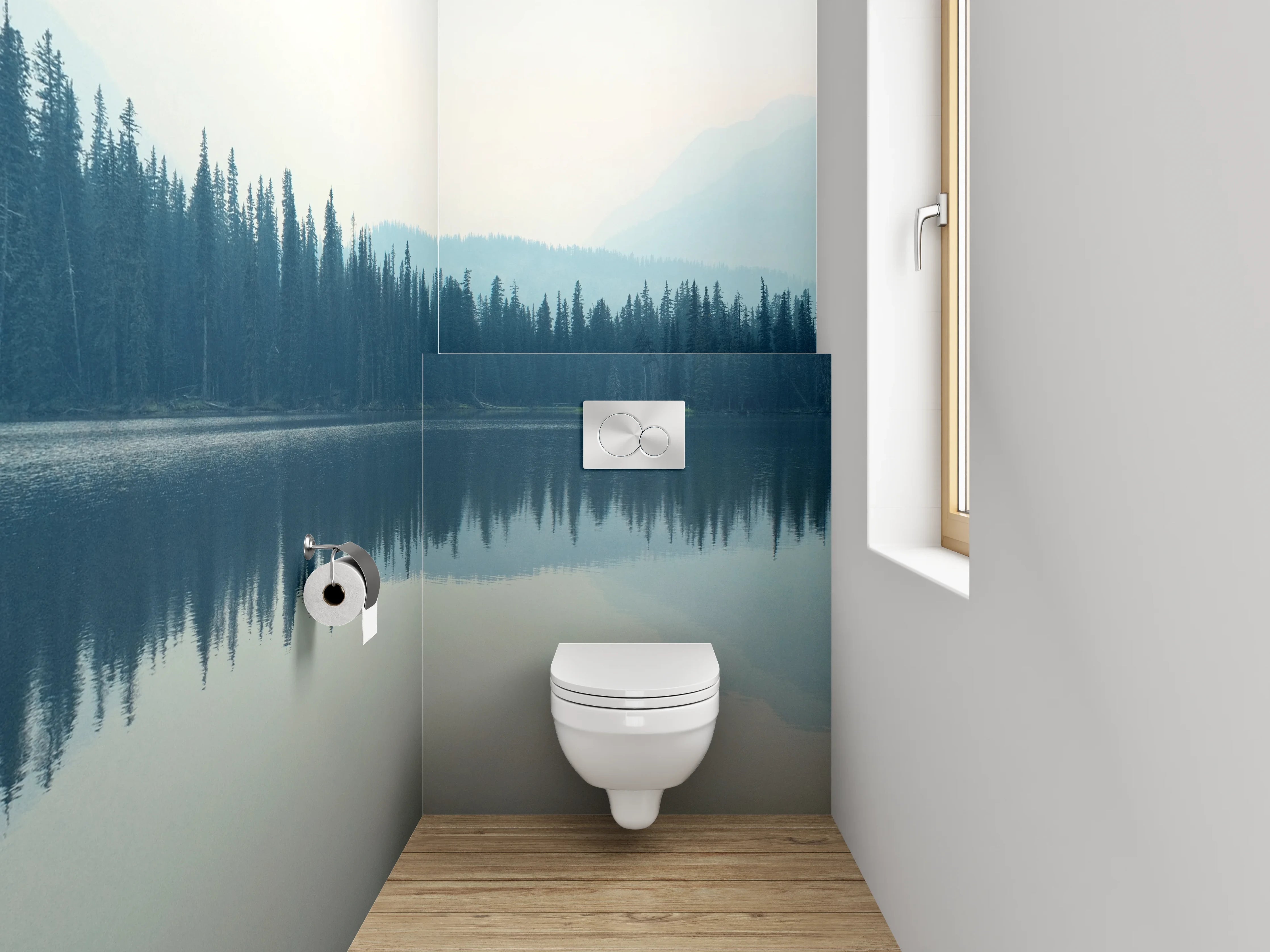 WC-Rückwand - Panoramablick ruhiger See und Wald