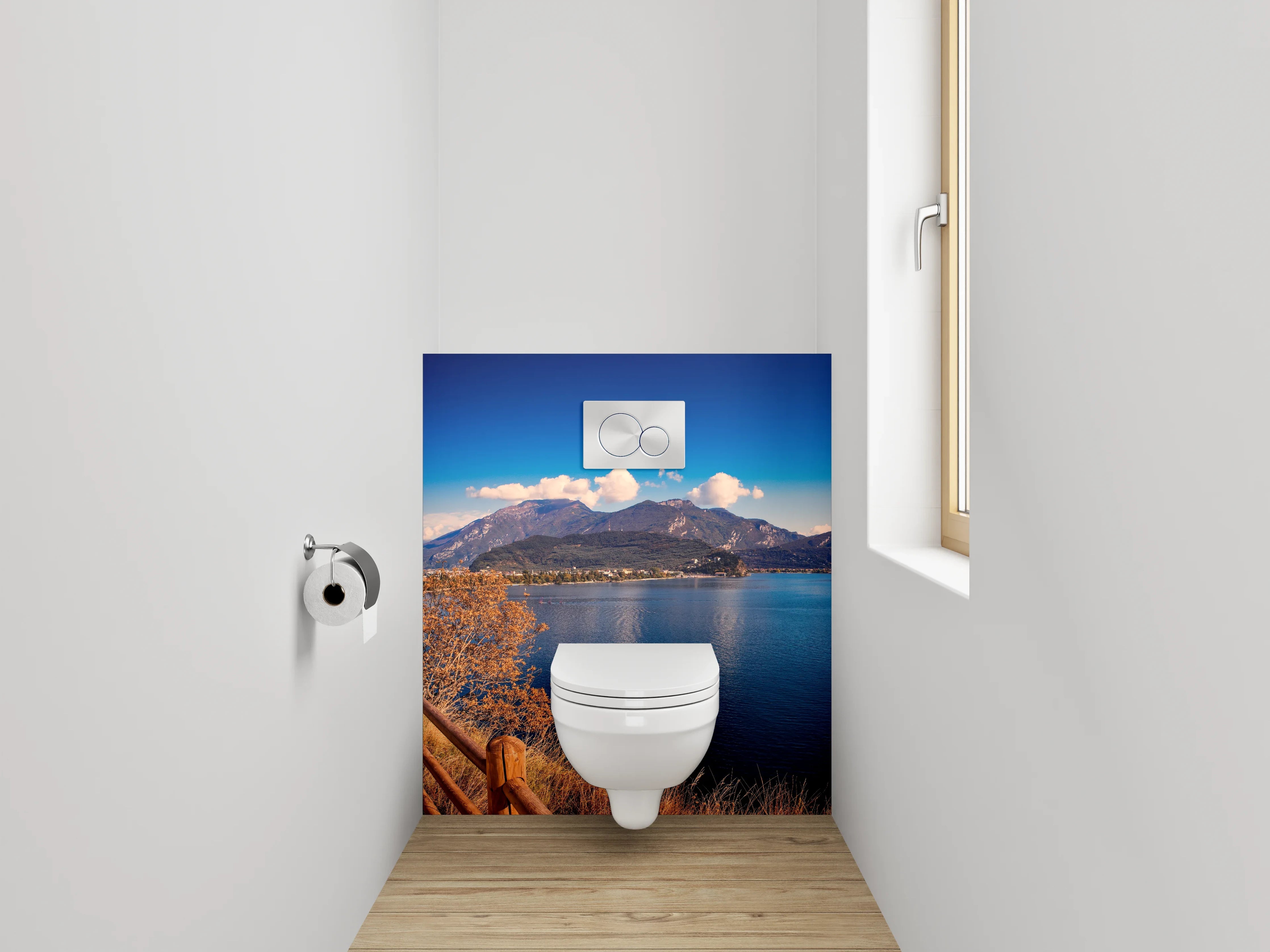 WC-Rückwand - Panoramaweg am See mit Bergen