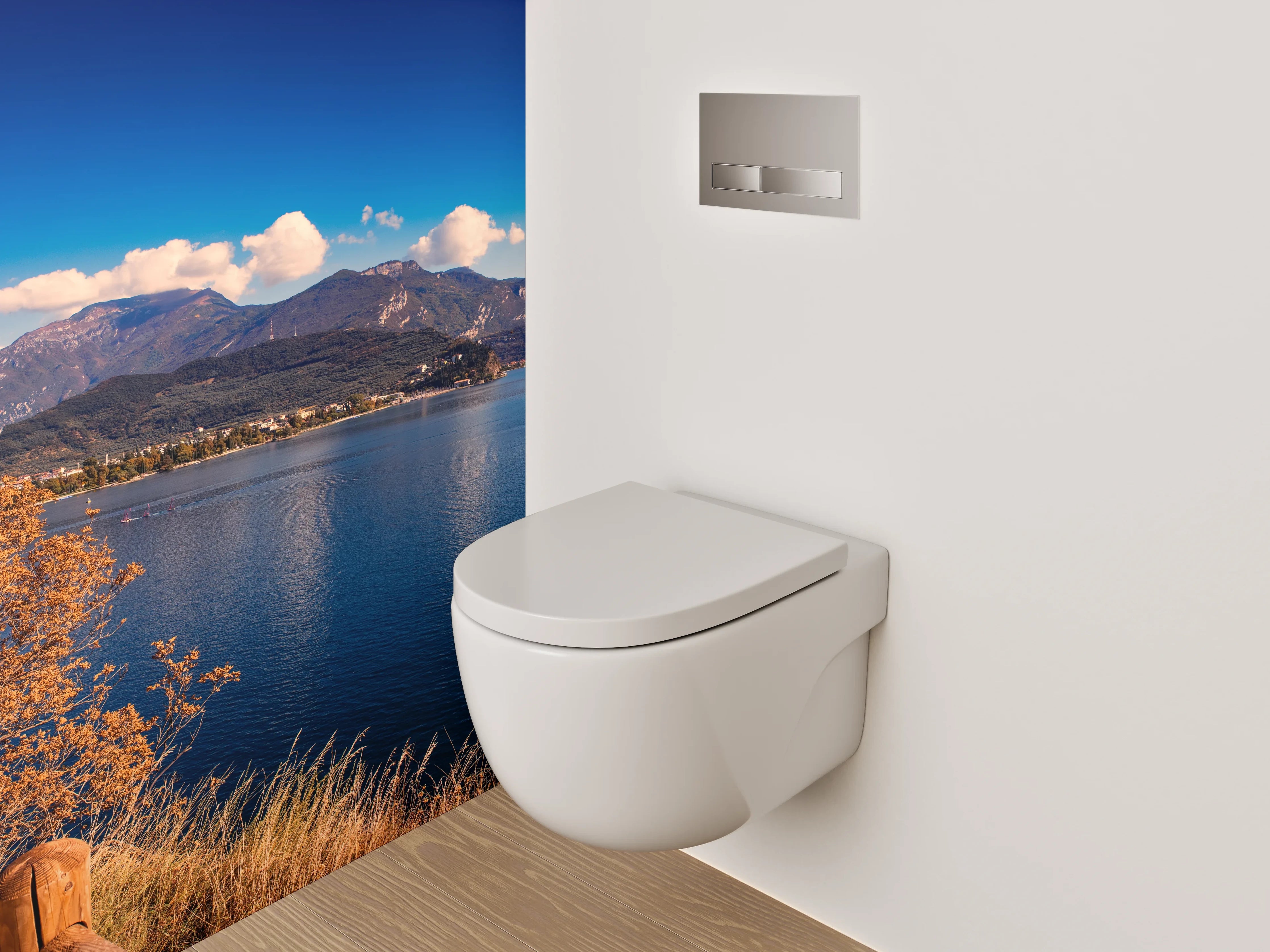 WC-Rückwand - Panoramaweg am See mit Bergen