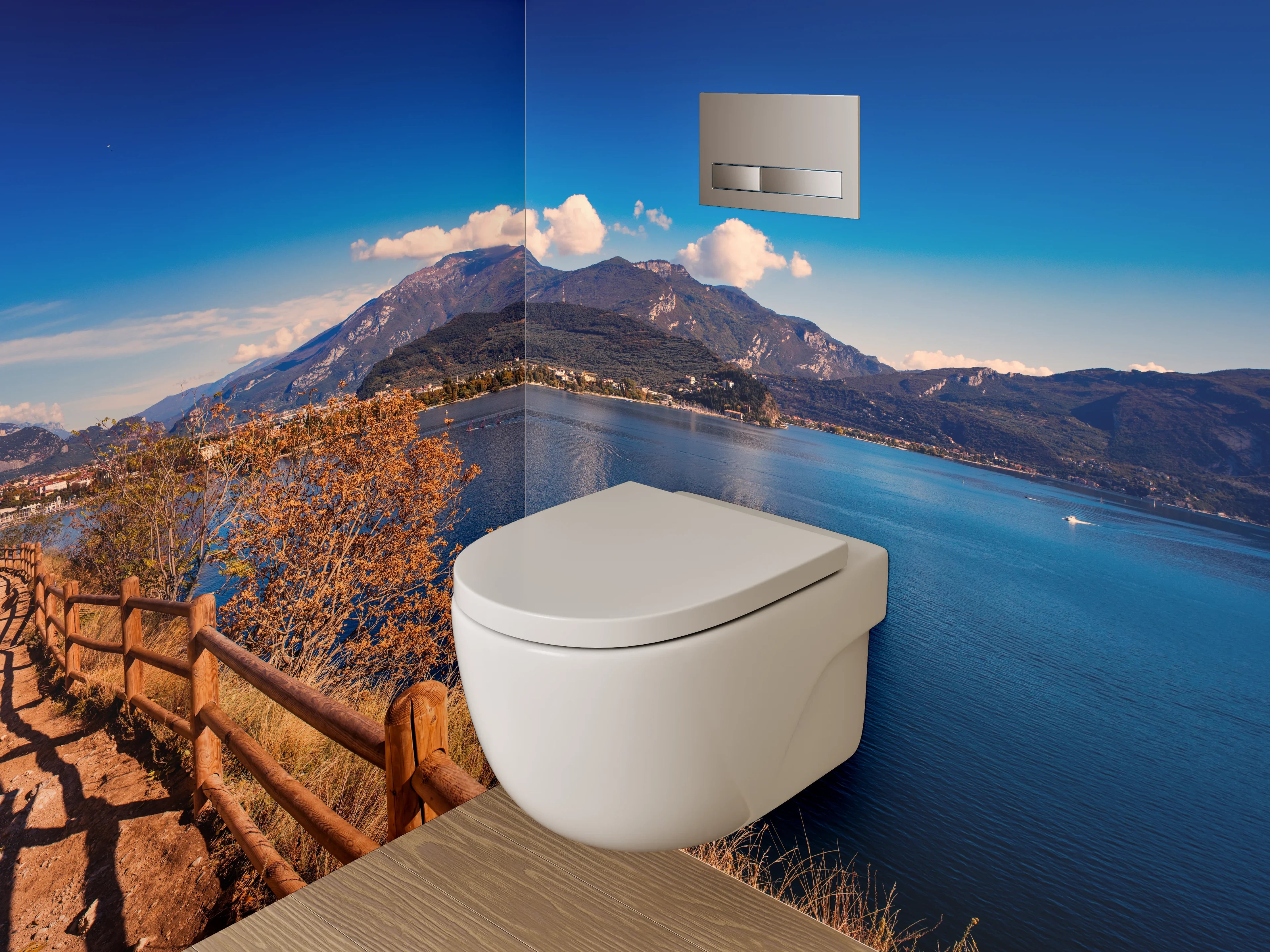 WC-Rückwand - Panoramaweg am See mit Bergen