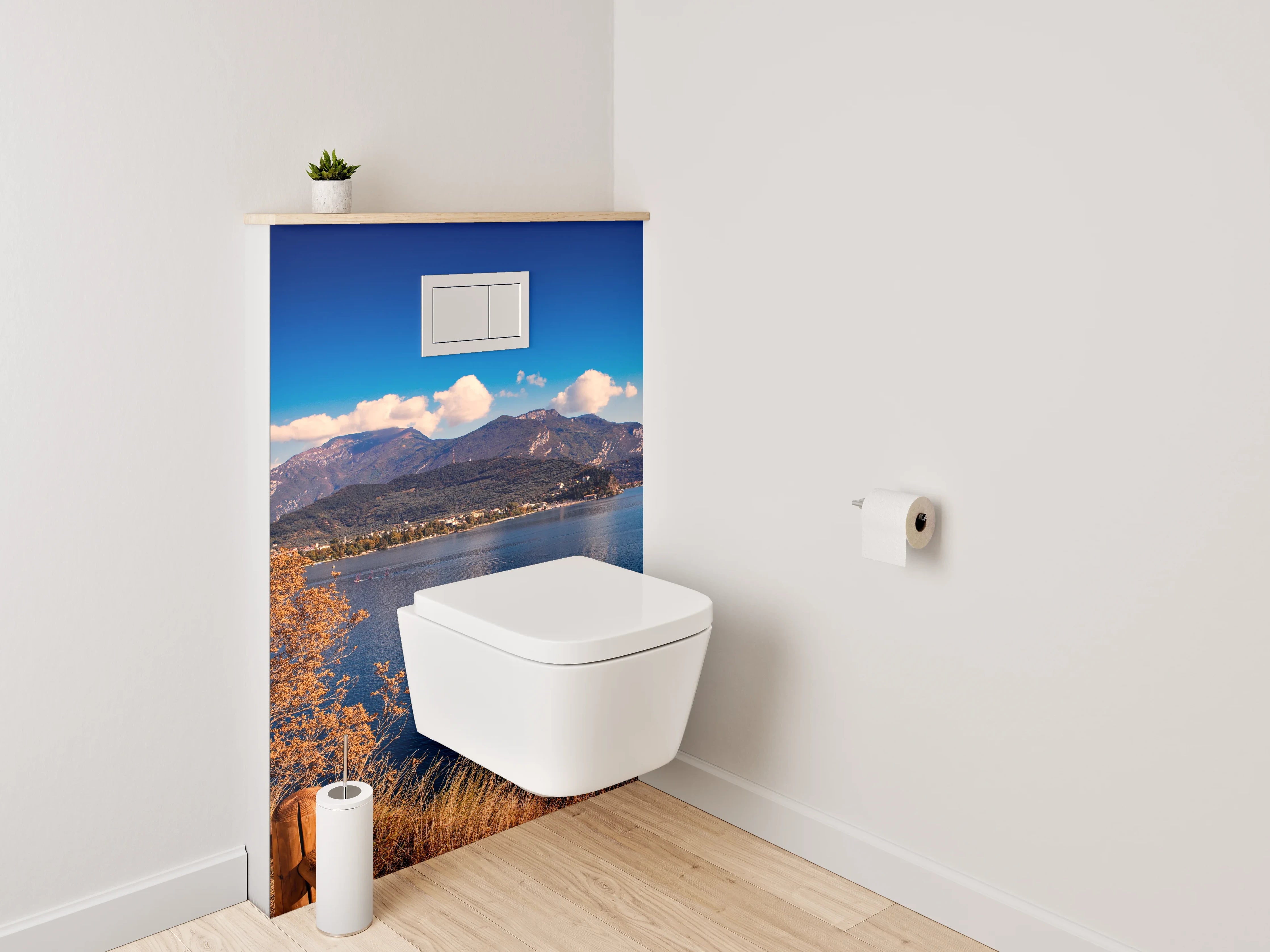 WC-Rückwand - Panoramaweg am See mit Bergen
