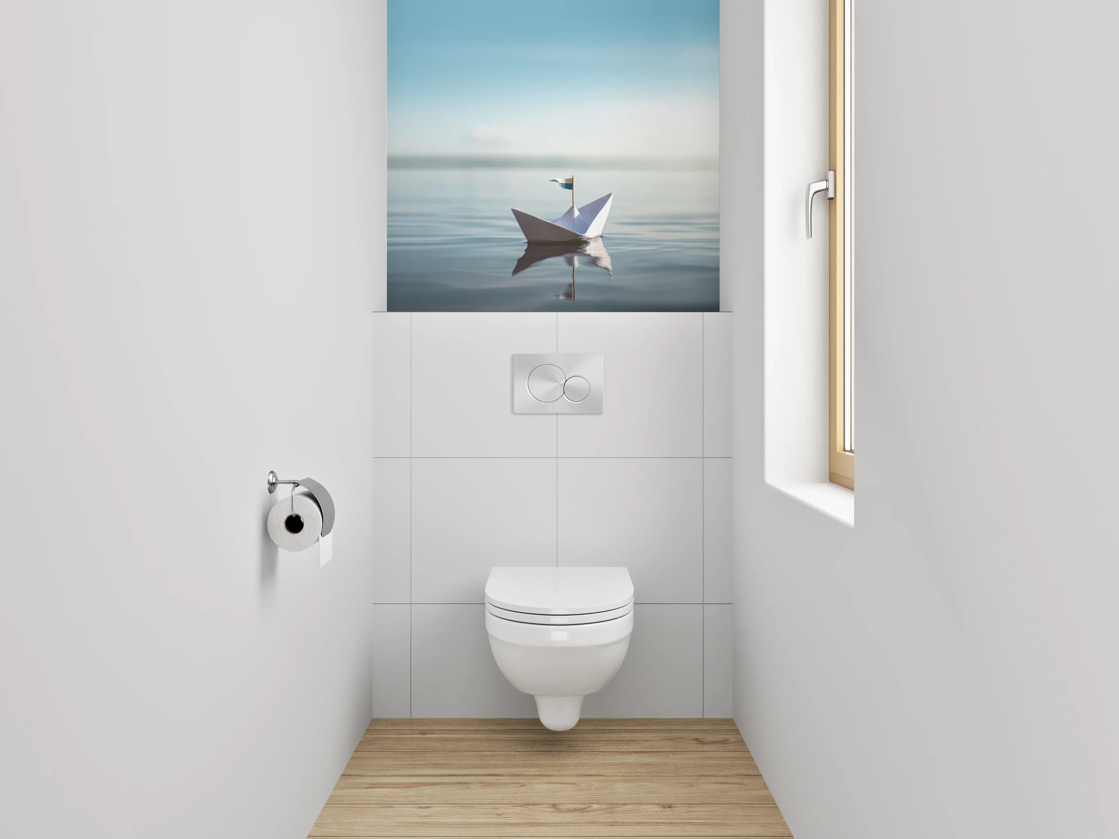 WC-Rückwand - Papierboot auf ruhigem Wasser