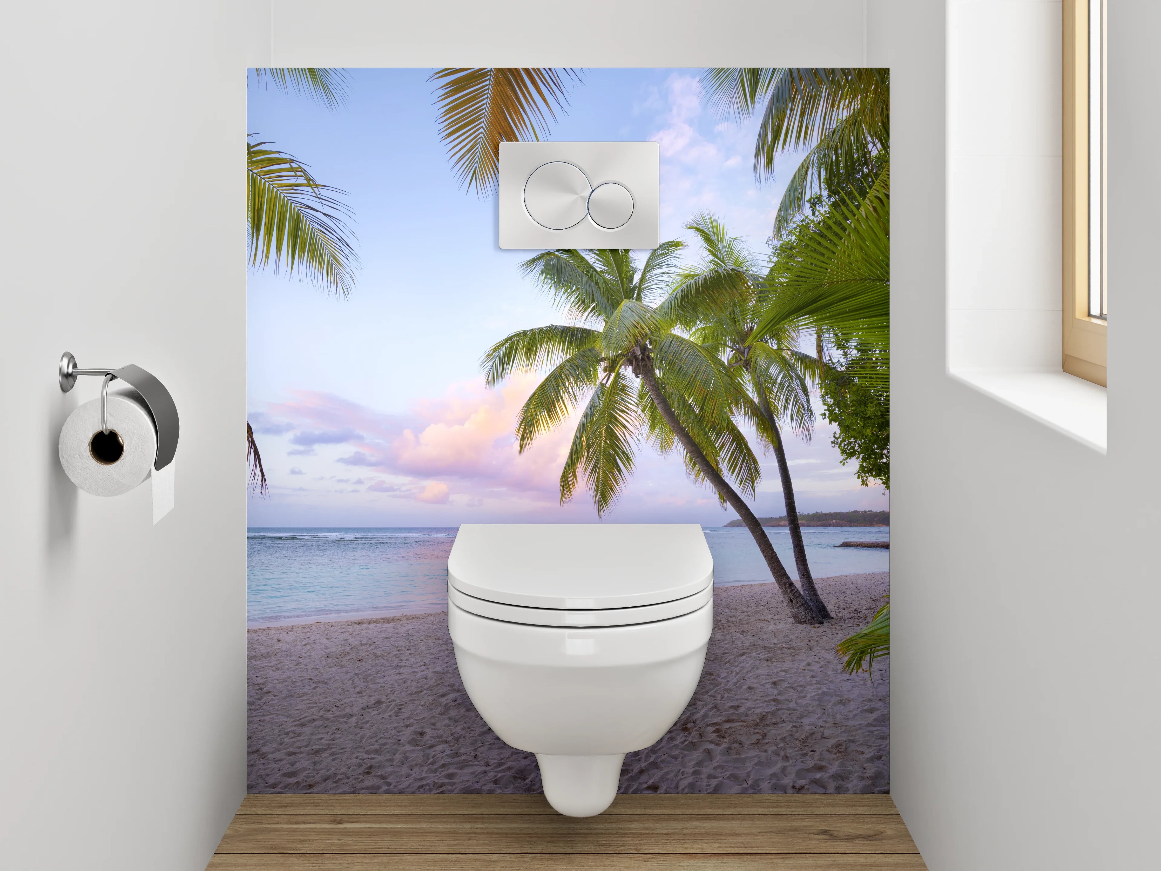 WC-Rückwand - Paradiesischer Palmenstrand Sonnenuntergang
