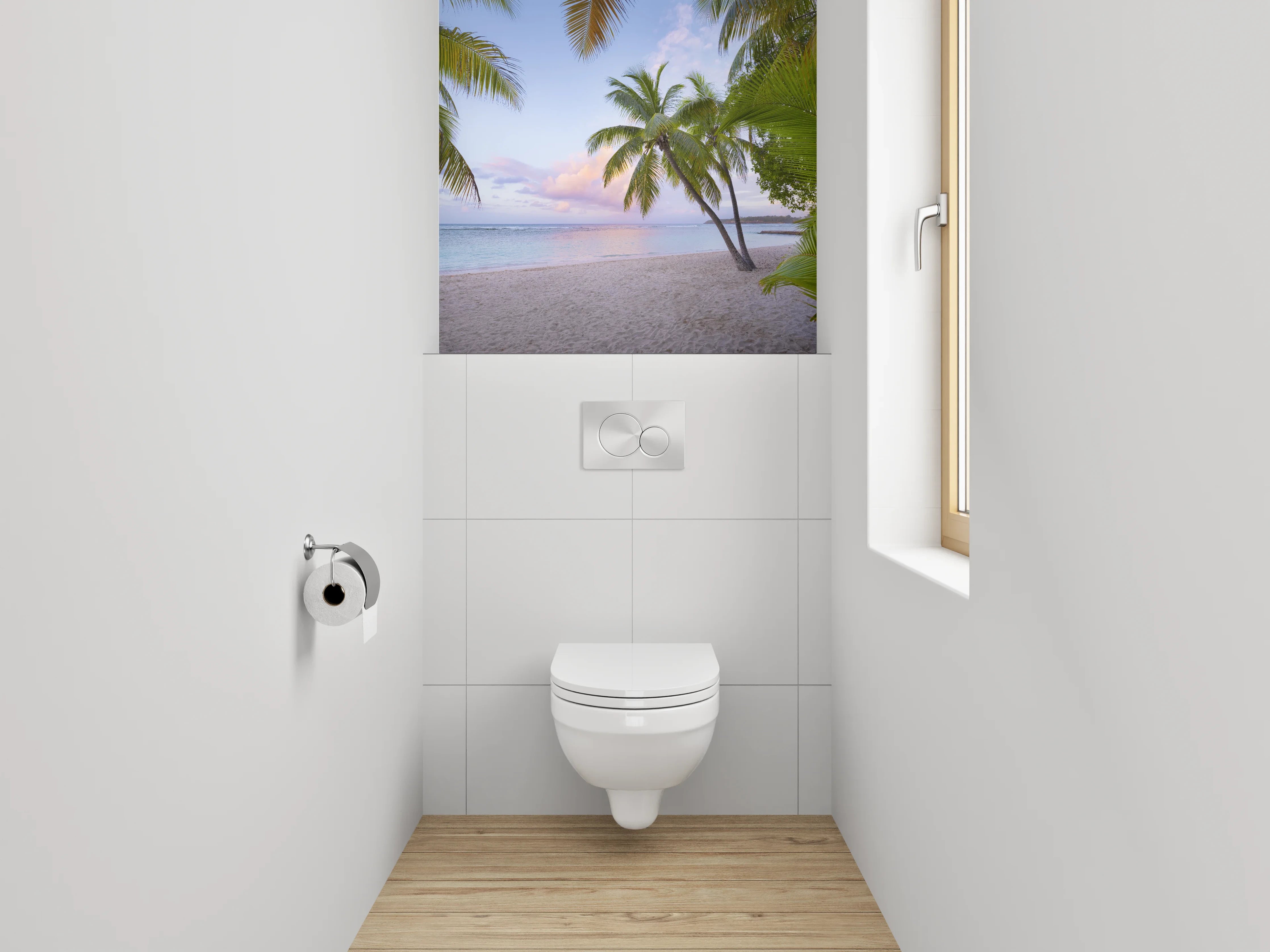 WC-Rückwand - Paradiesischer Palmenstrand Sonnenuntergang