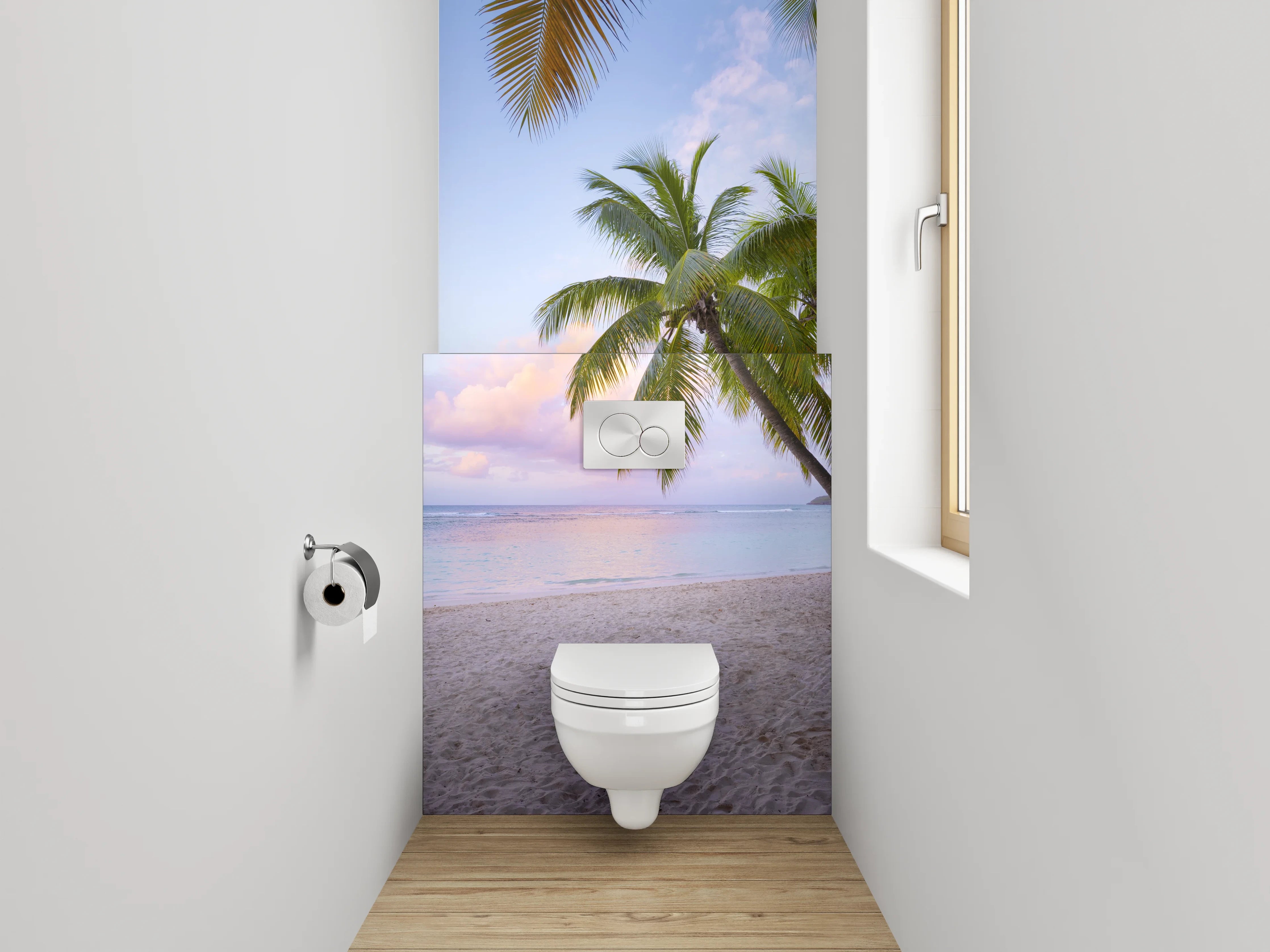 WC-Rückwand - Paradiesischer Palmenstrand Sonnenuntergang