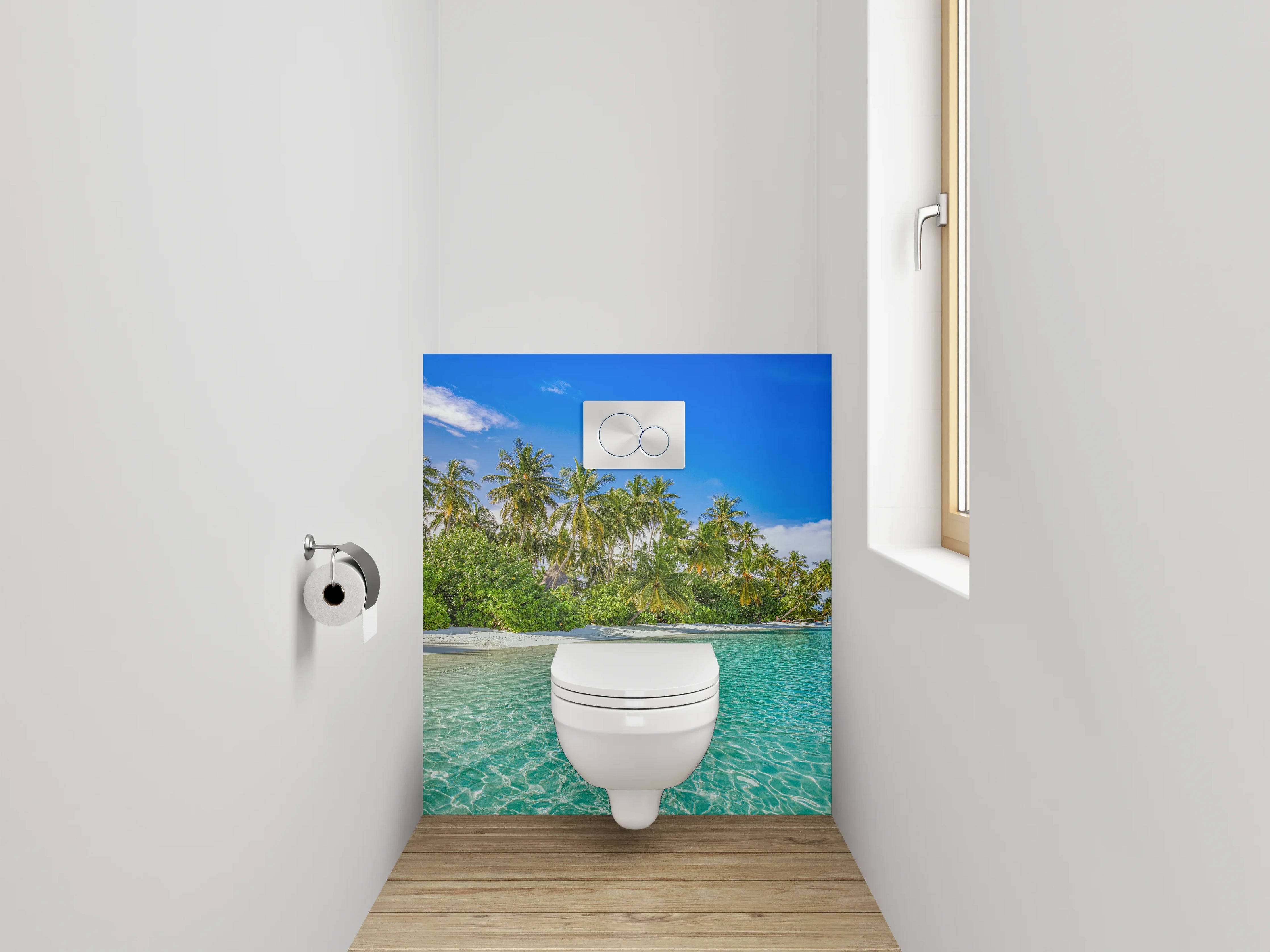 WC-Rückwand - Paradiesischer Palmenstrand mit türkisblauem Wasser