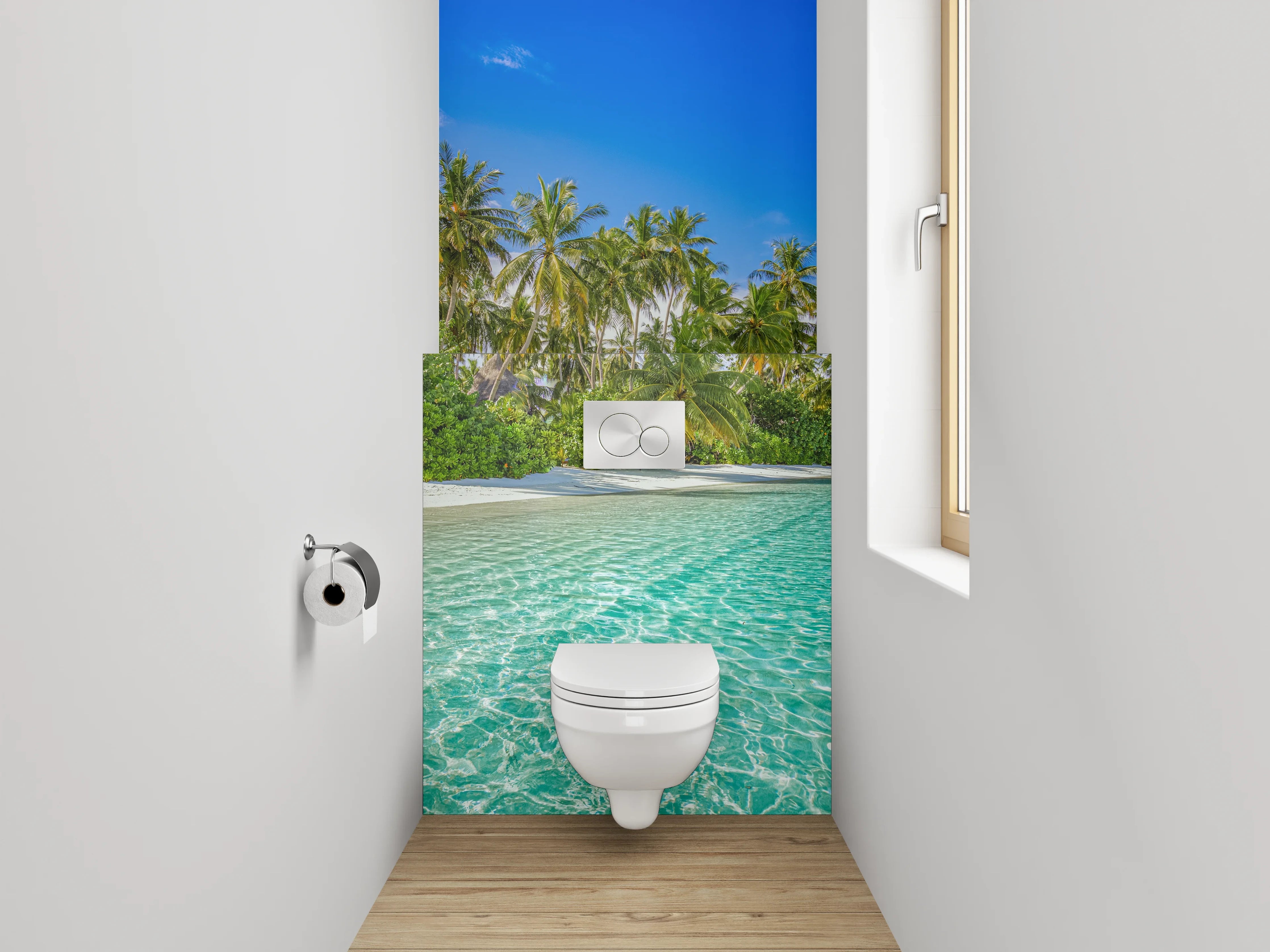 WC-Rückwand - Paradiesischer Palmenstrand mit türkisblauem Wasser