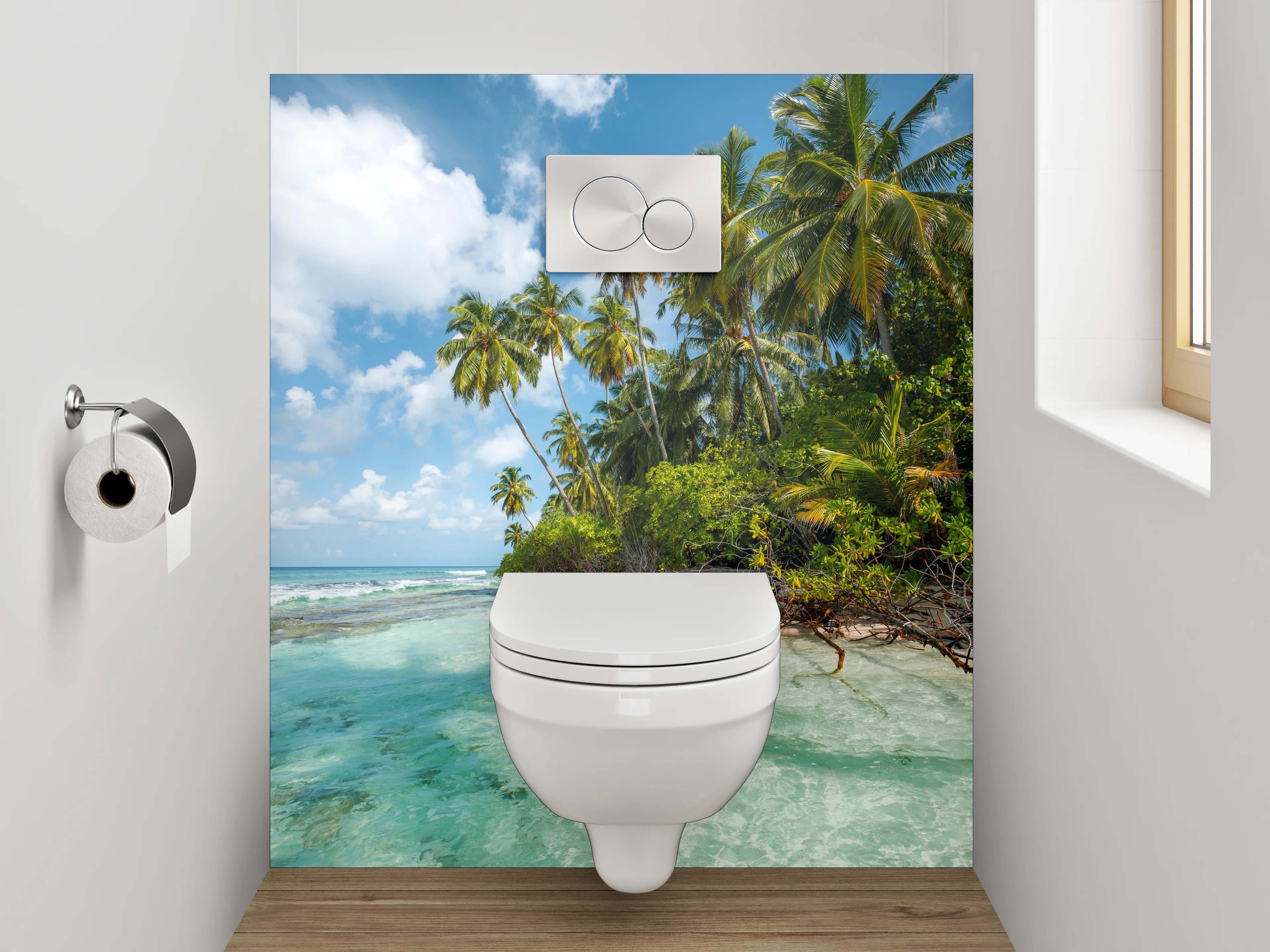 WC-Rückwand - Paradiesischer Palmenstrand und türkisblaues Meer