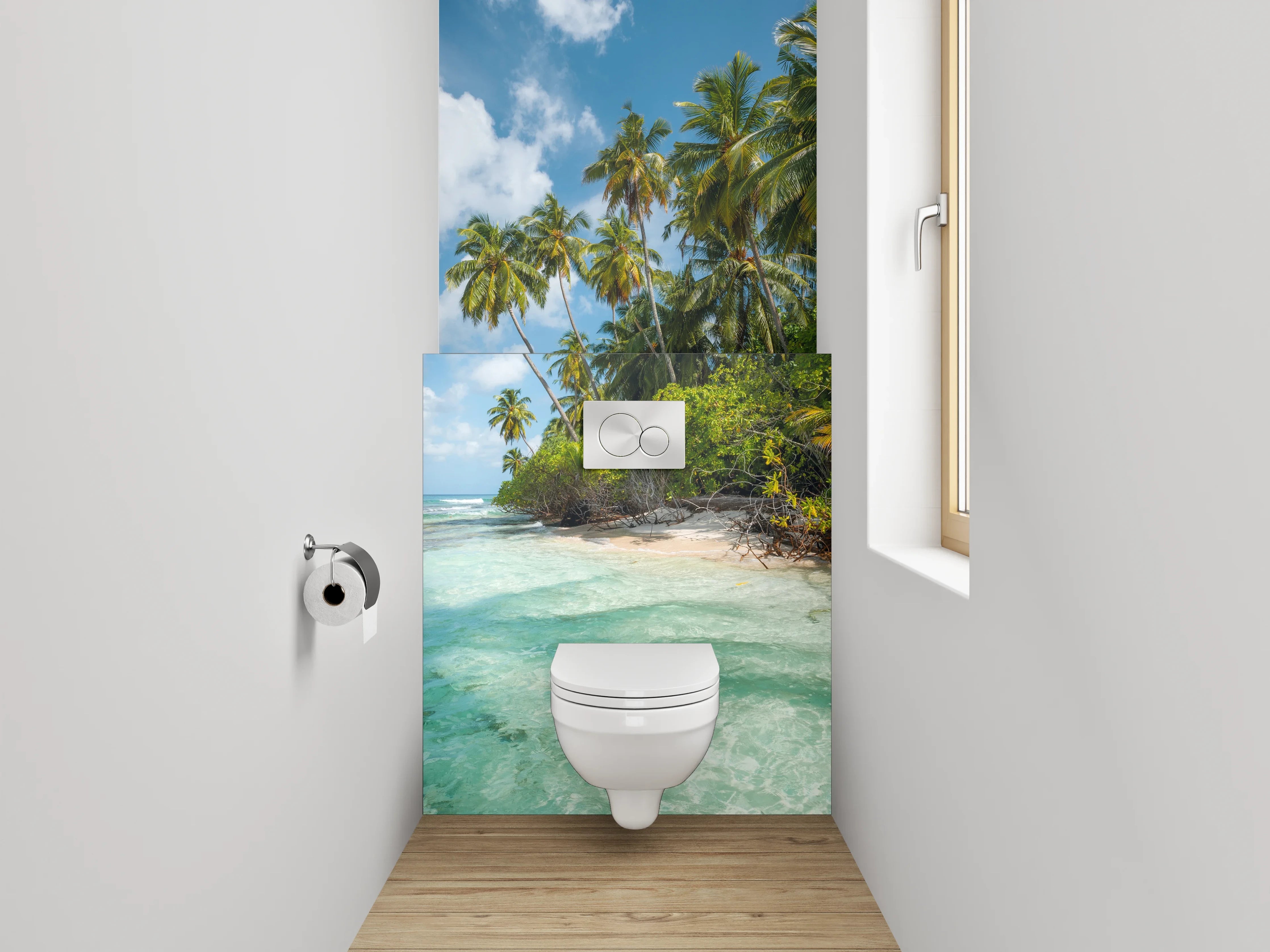 WC-Rückwand - Paradiesischer Palmenstrand und türkisblaues Meer