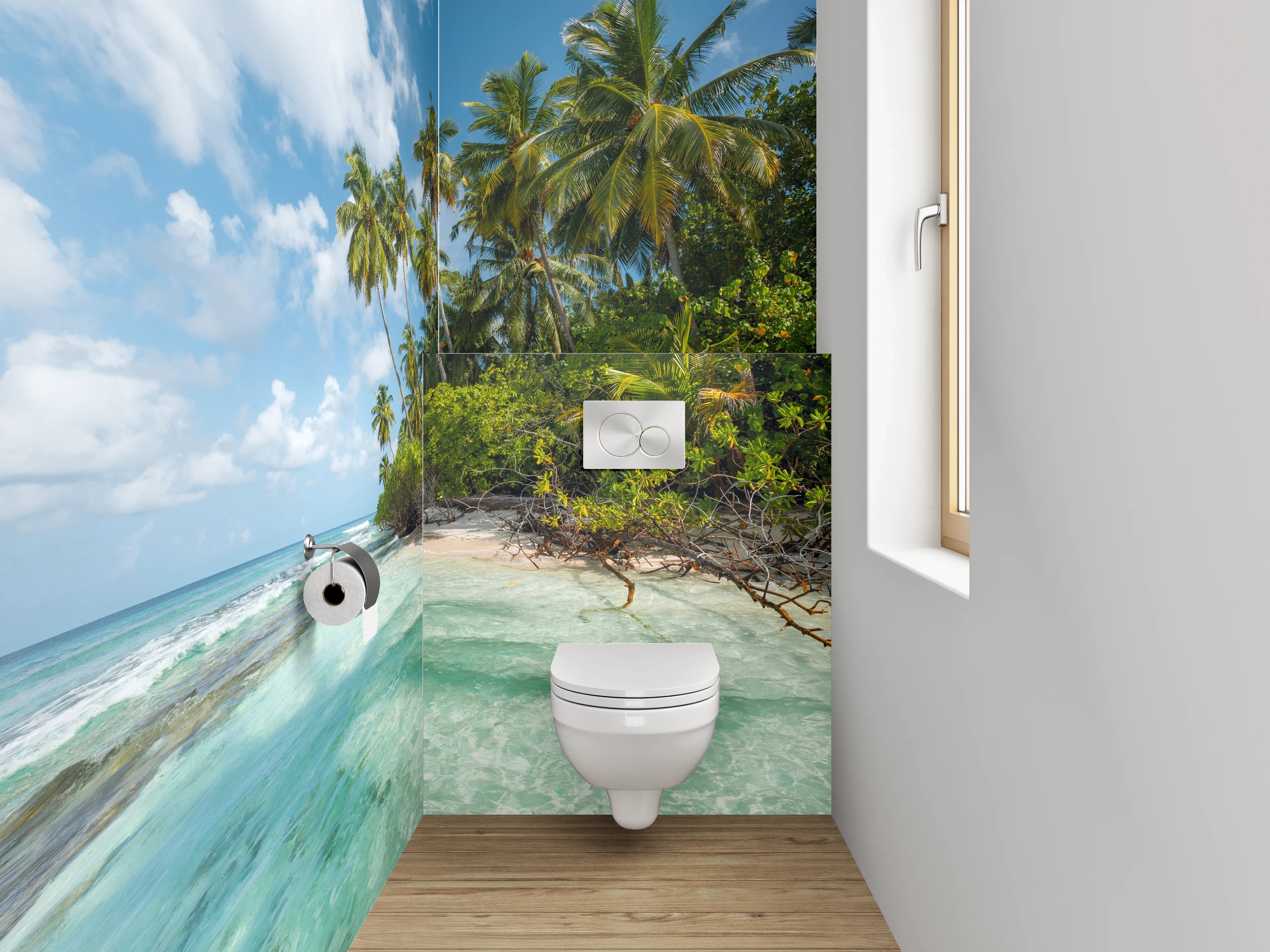 WC-Rückwand - Paradiesischer Palmenstrand und türkisblaues Meer