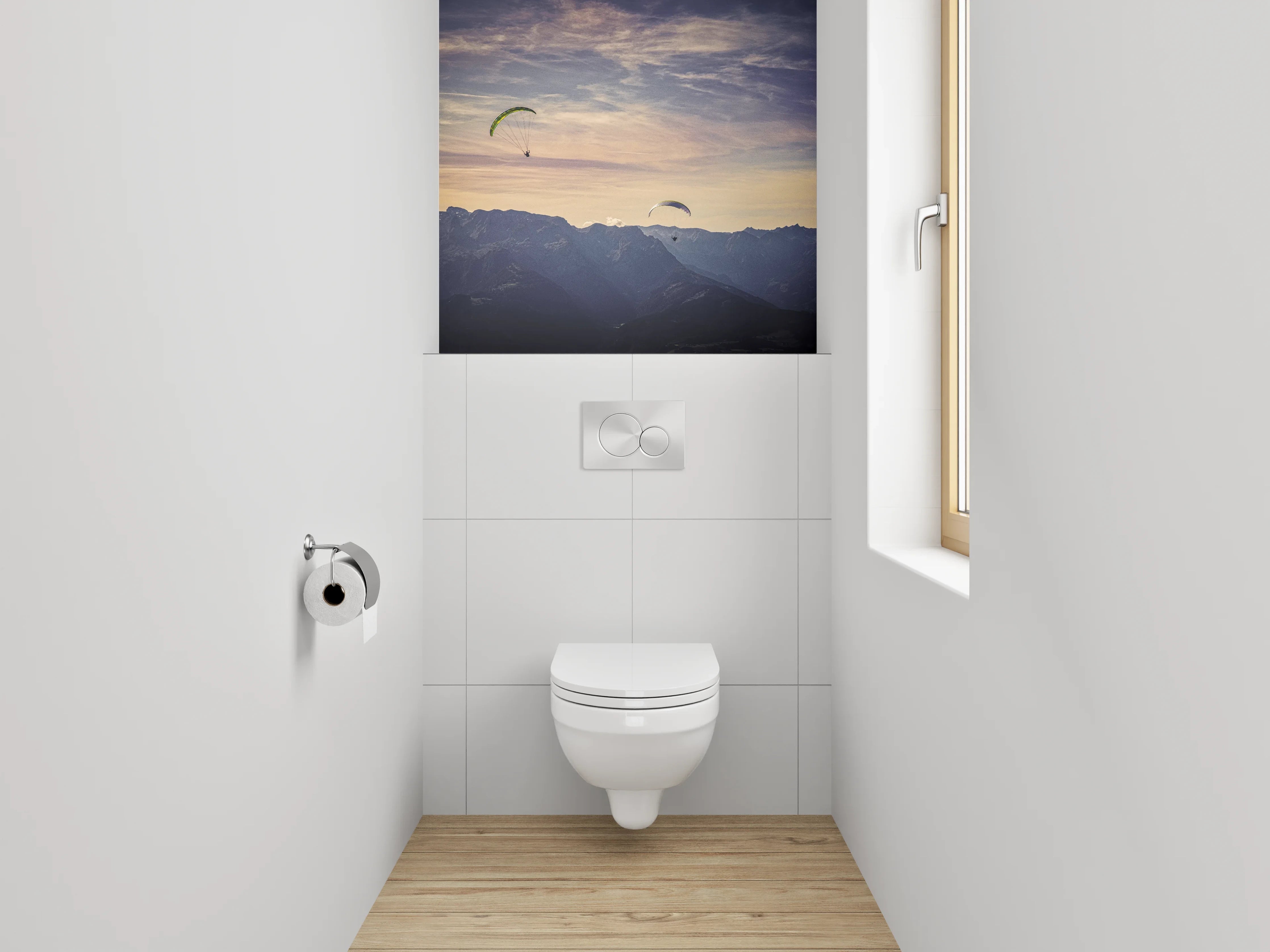 WC-Rückwand - Paragliding über malerische Berge