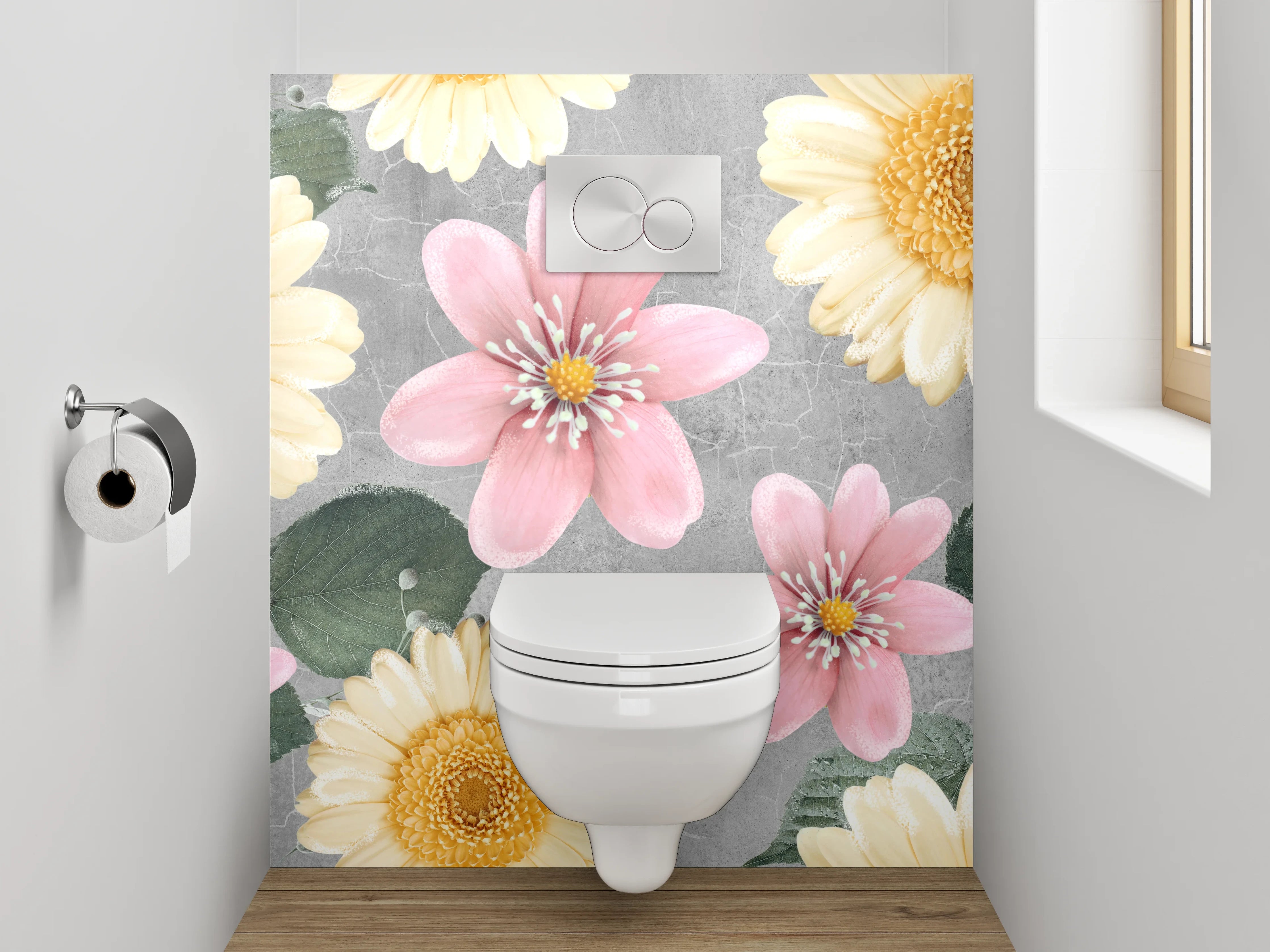 WC-Rückwand - Pastellblumen auf grauem Hintergrund