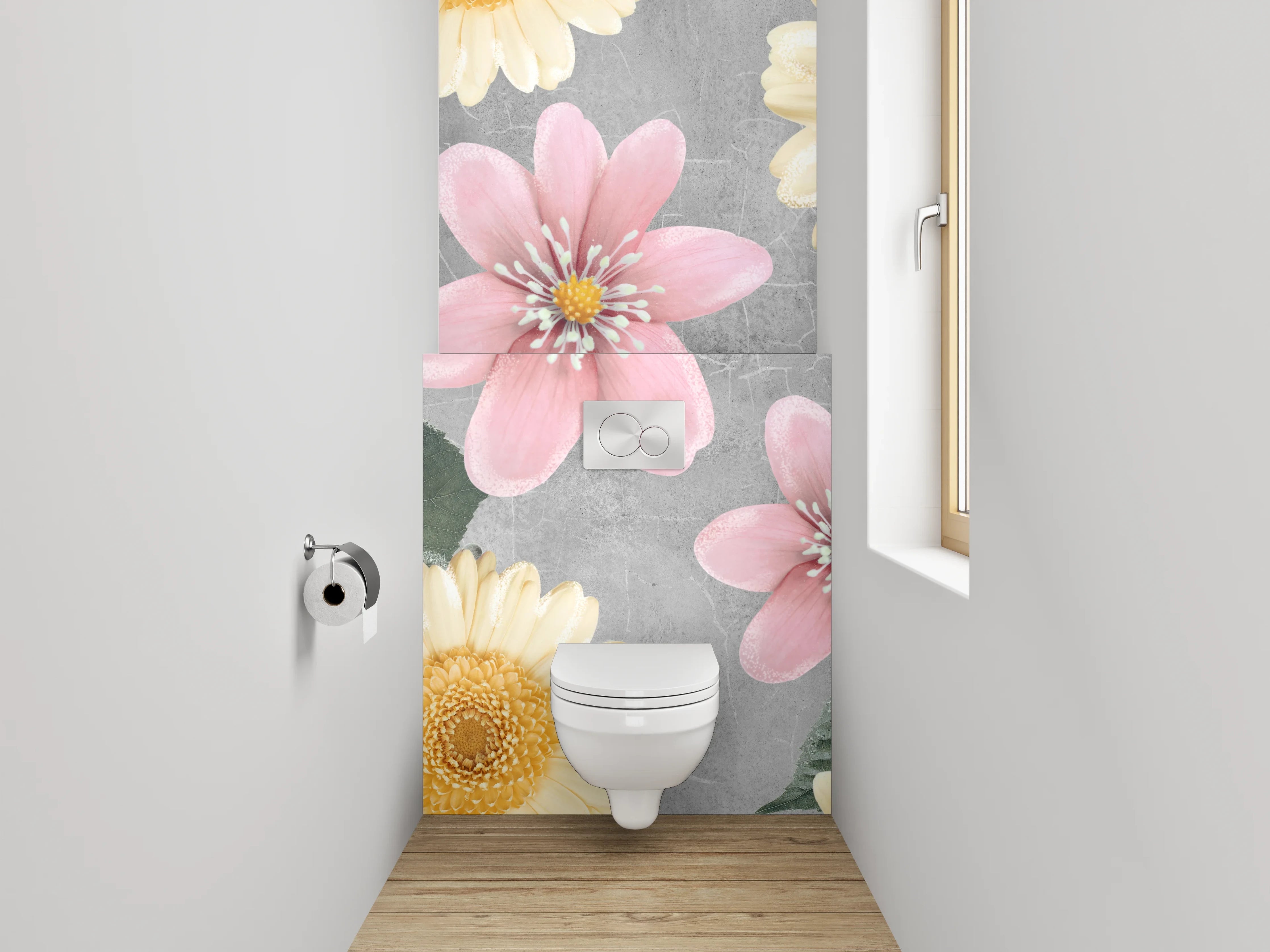 WC-Rückwand - Pastellblumen auf grauem Hintergrund