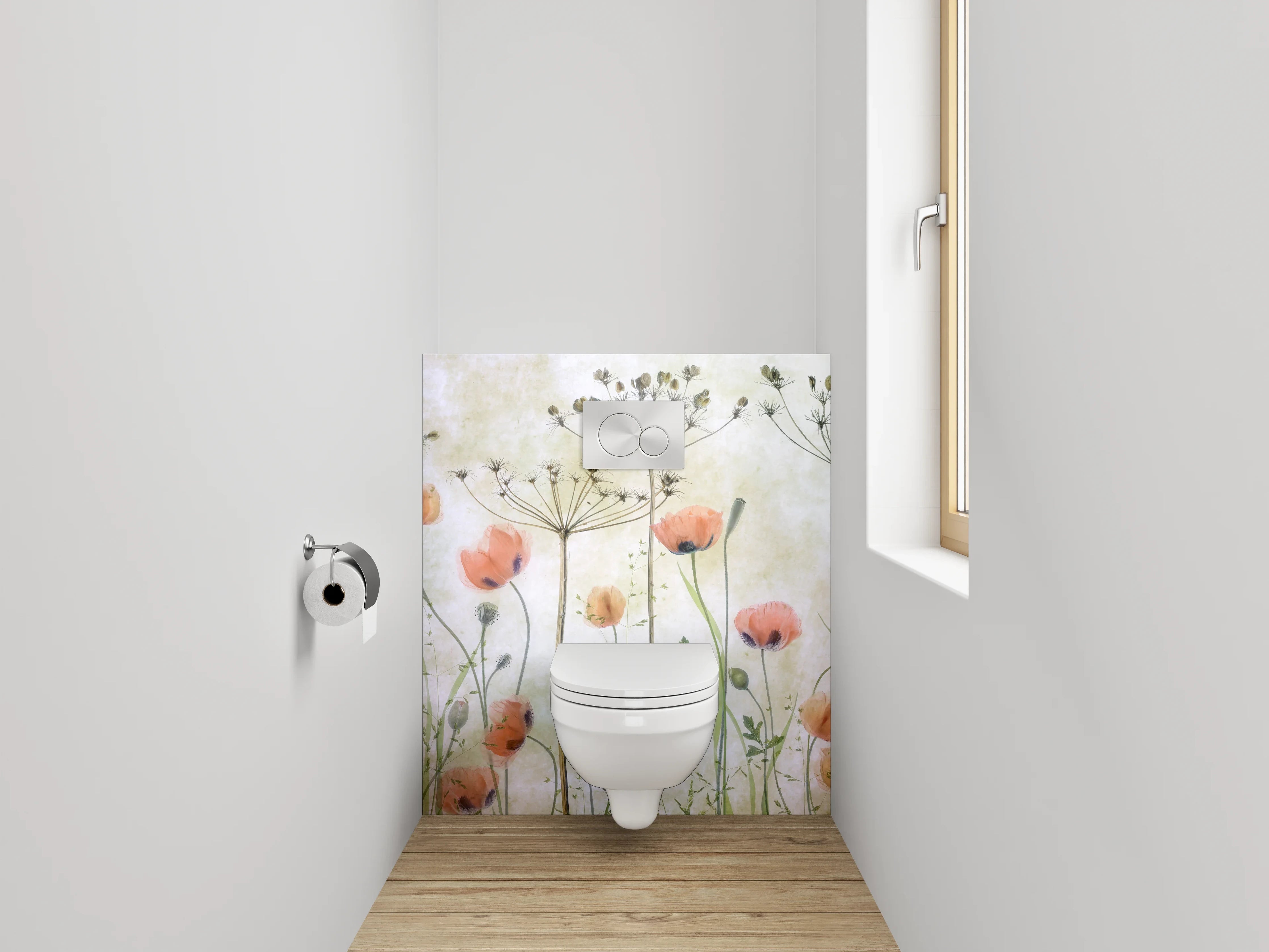 WC-Rückwand - Pastellgraue Blütenpoesie im Aquarell