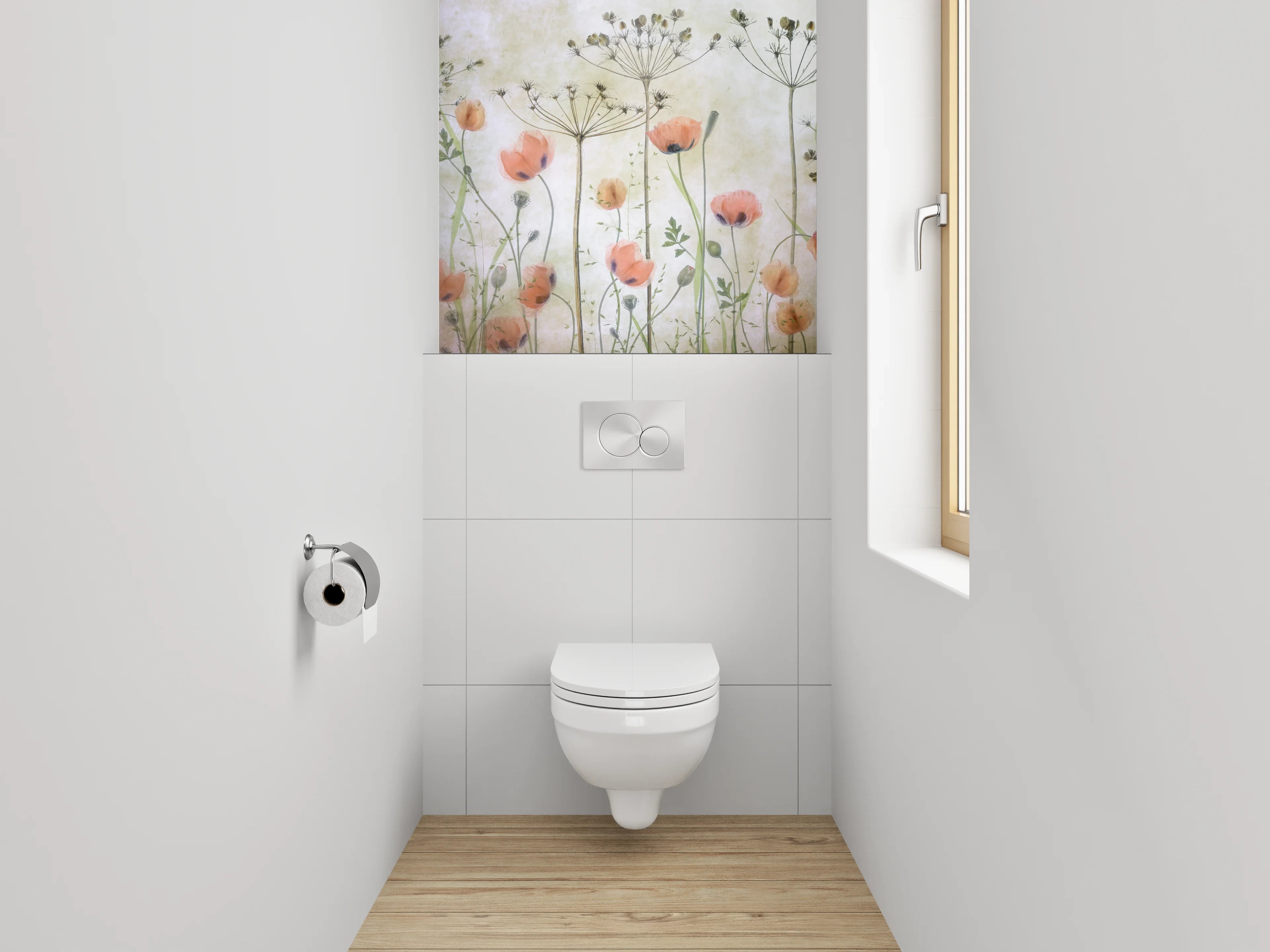 WC-Rückwand - Pastellgraue Blütenpoesie im Aquarell