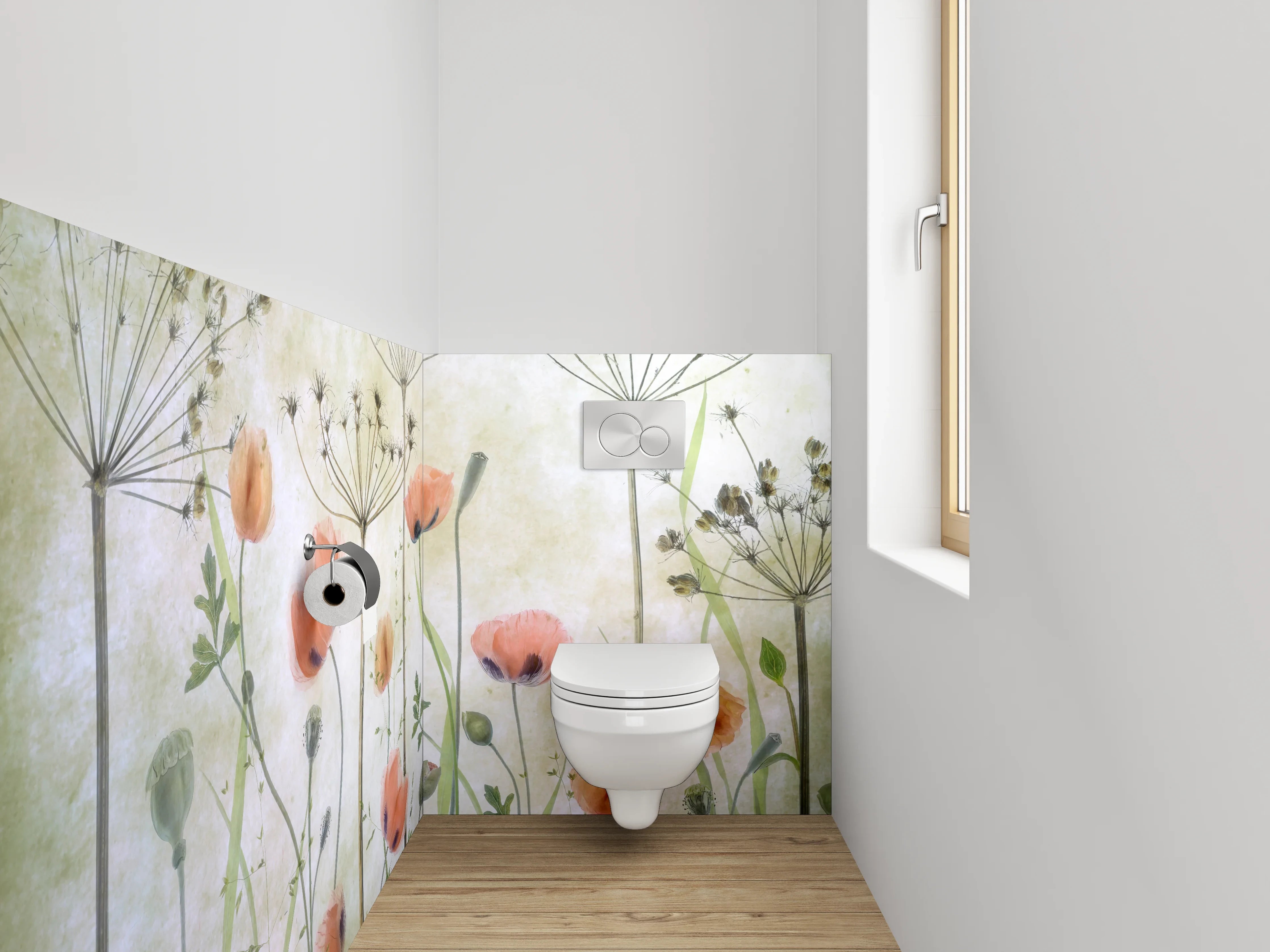 WC-Rückwand - Pastellgraue Blütenpoesie im Aquarell