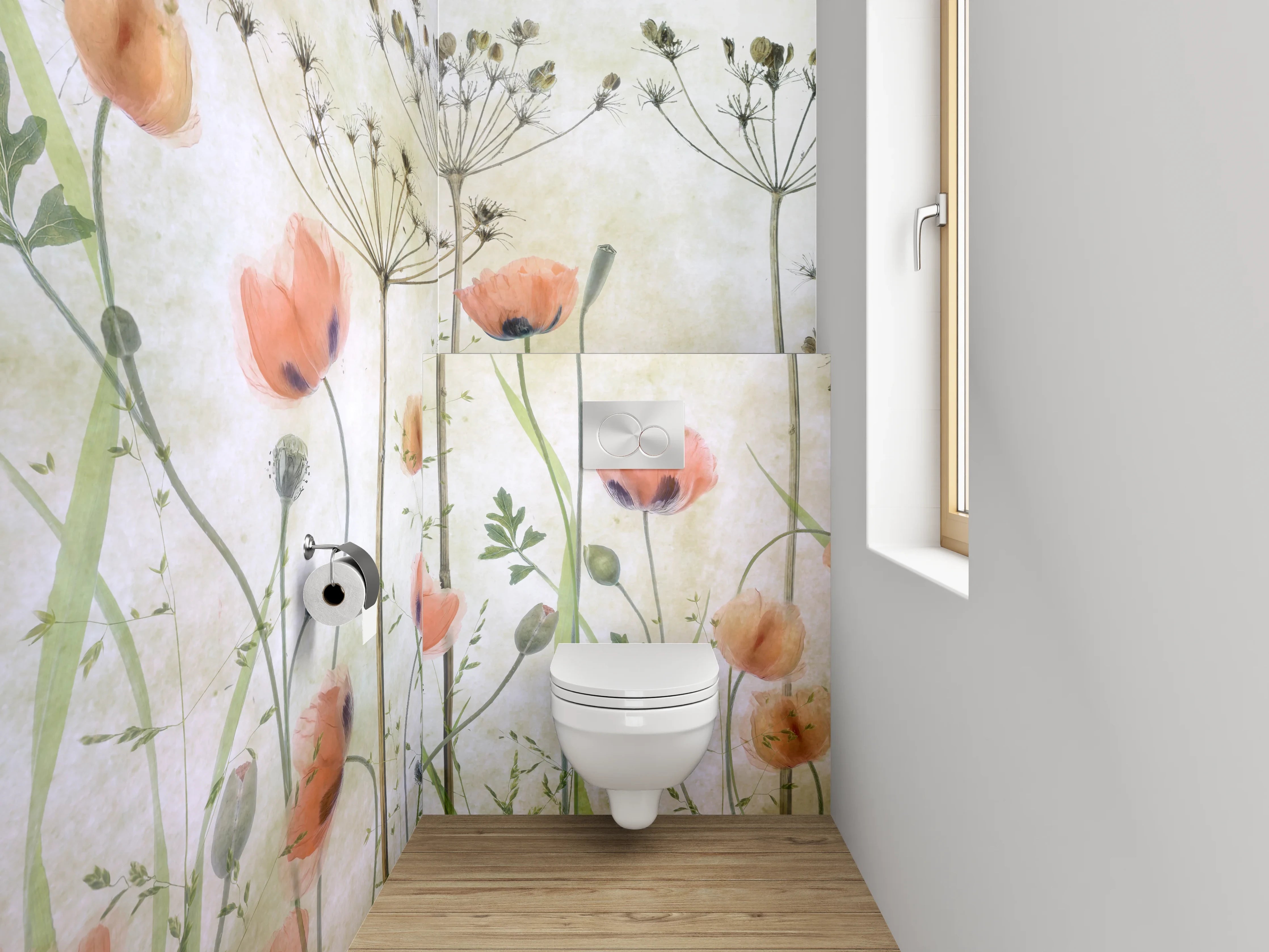WC-Rückwand - Pastellgraue Blütenpoesie im Aquarell