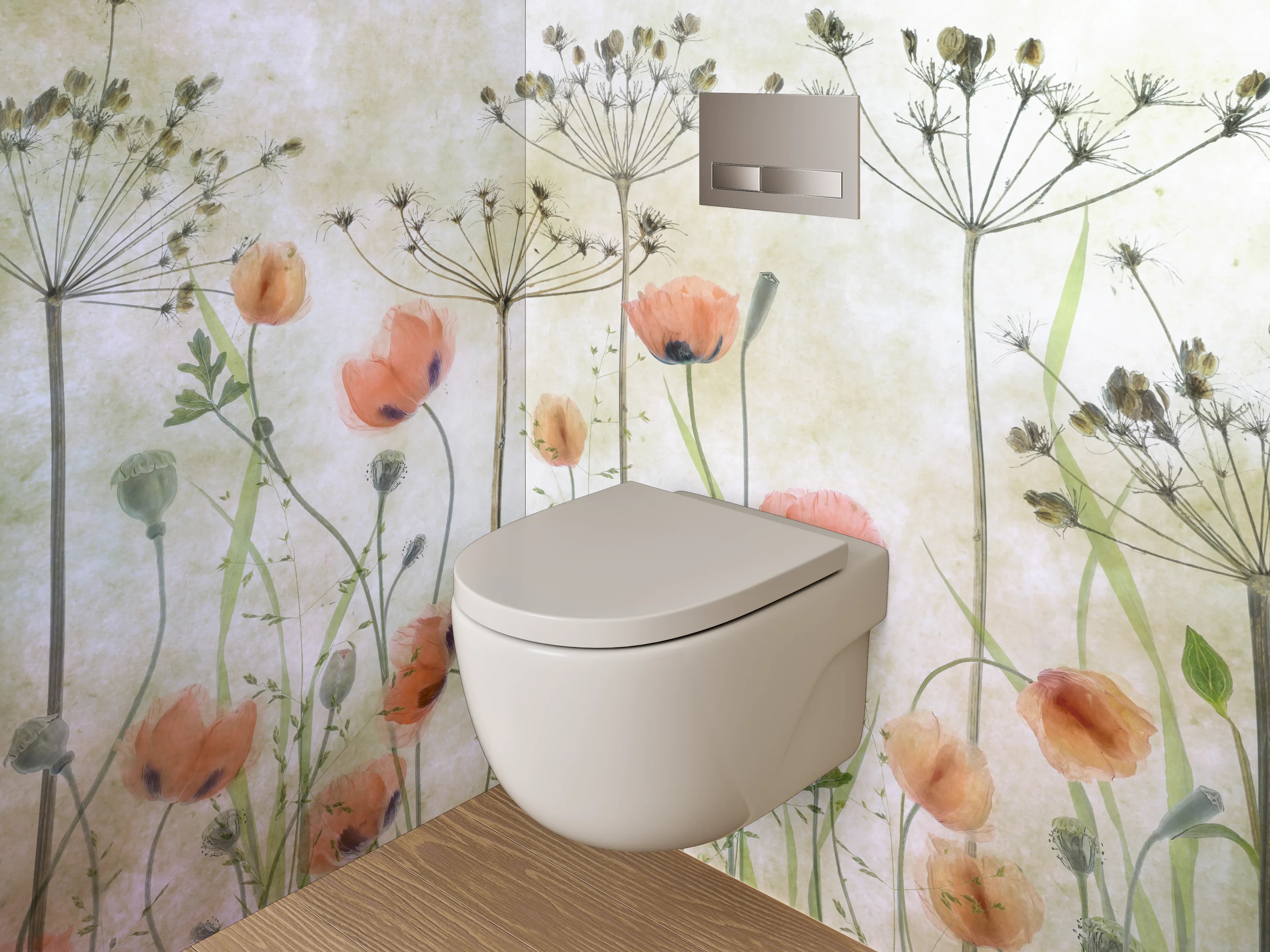 WC-Rückwand - Pastellgraue Blütenpoesie im Aquarell