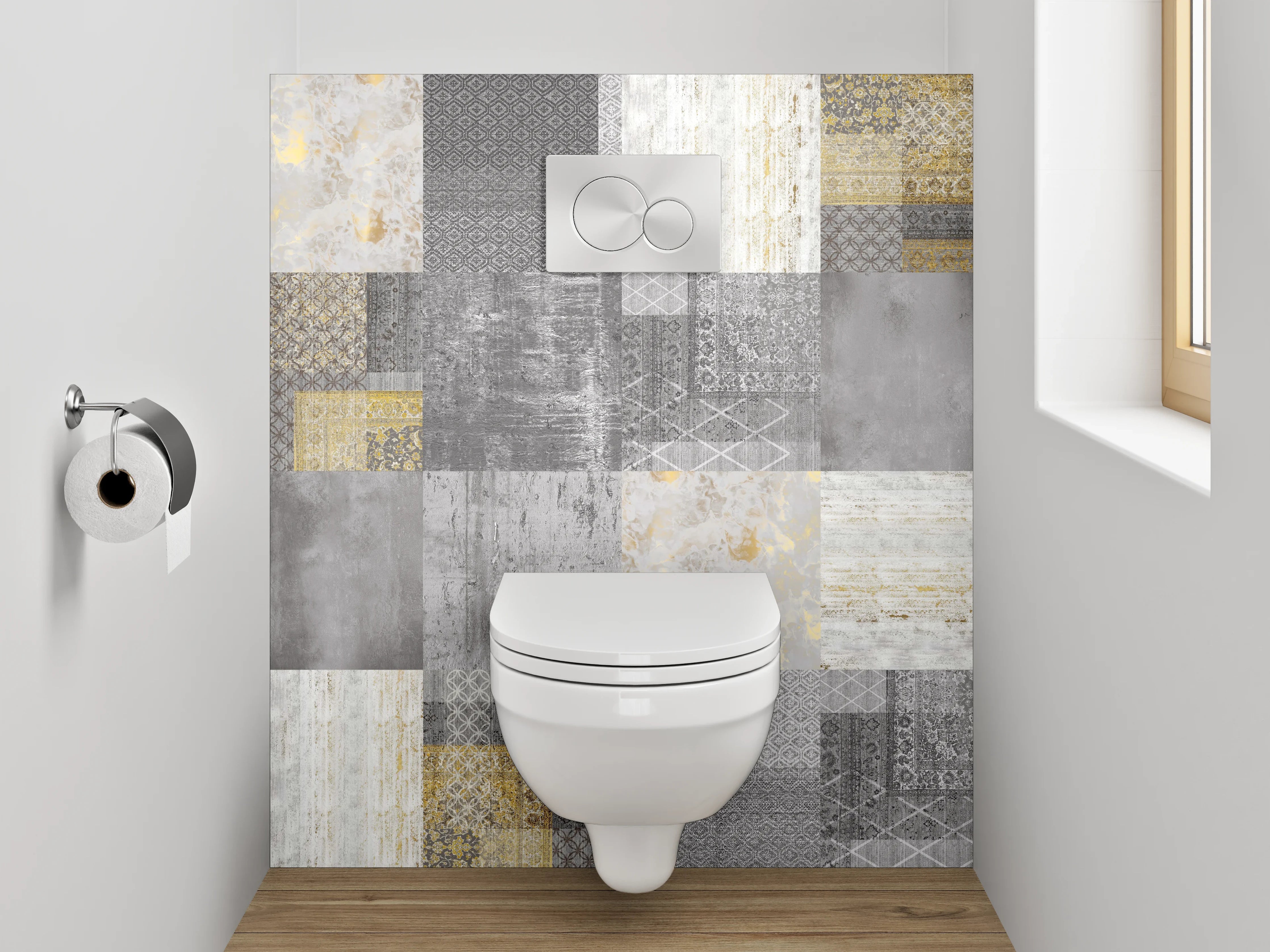 WC-Rückwand - Patchwork Fliesen in Grau und Gold
