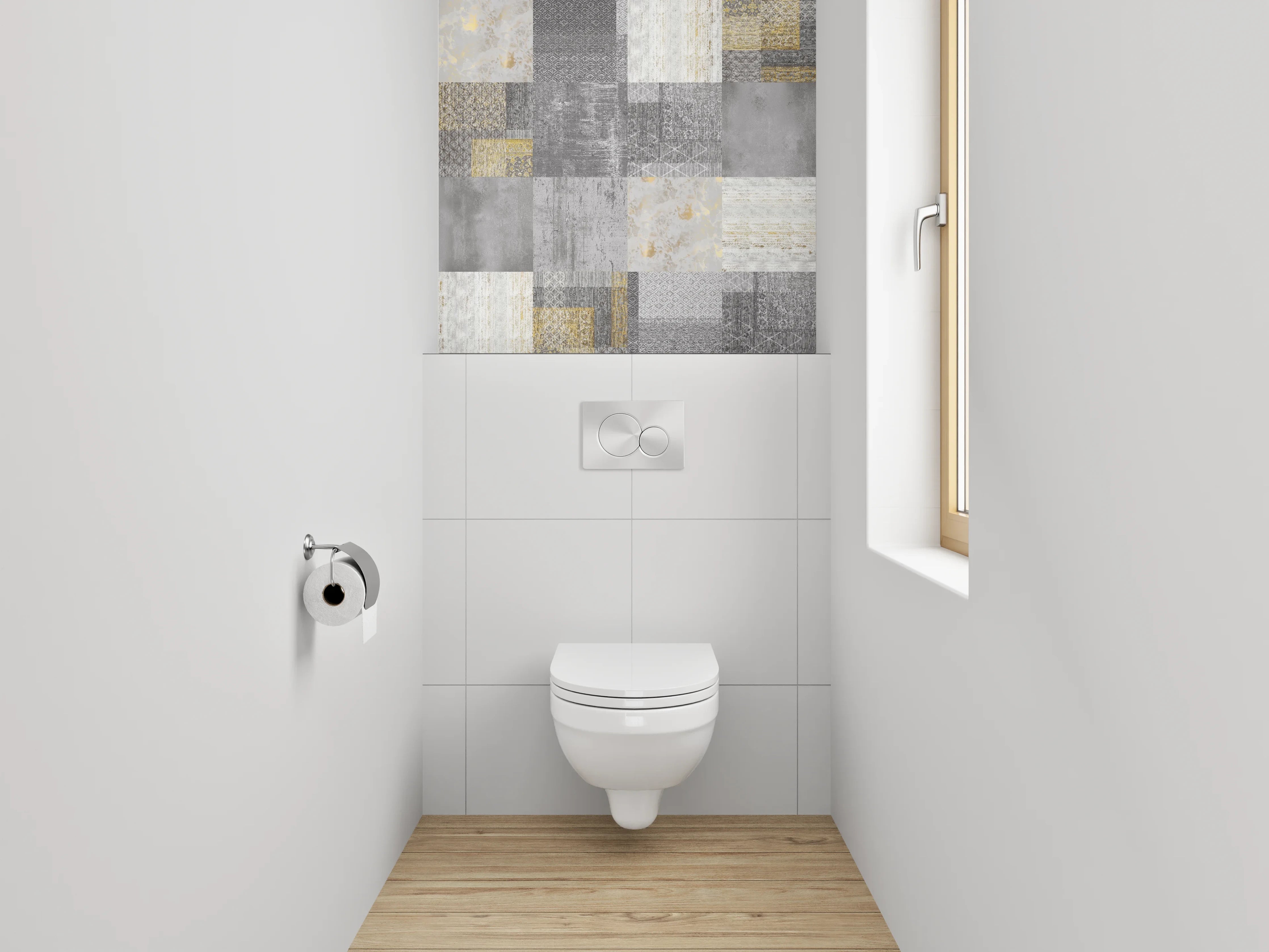 WC-Rückwand - Patchwork Fliesen in Grau und Gold