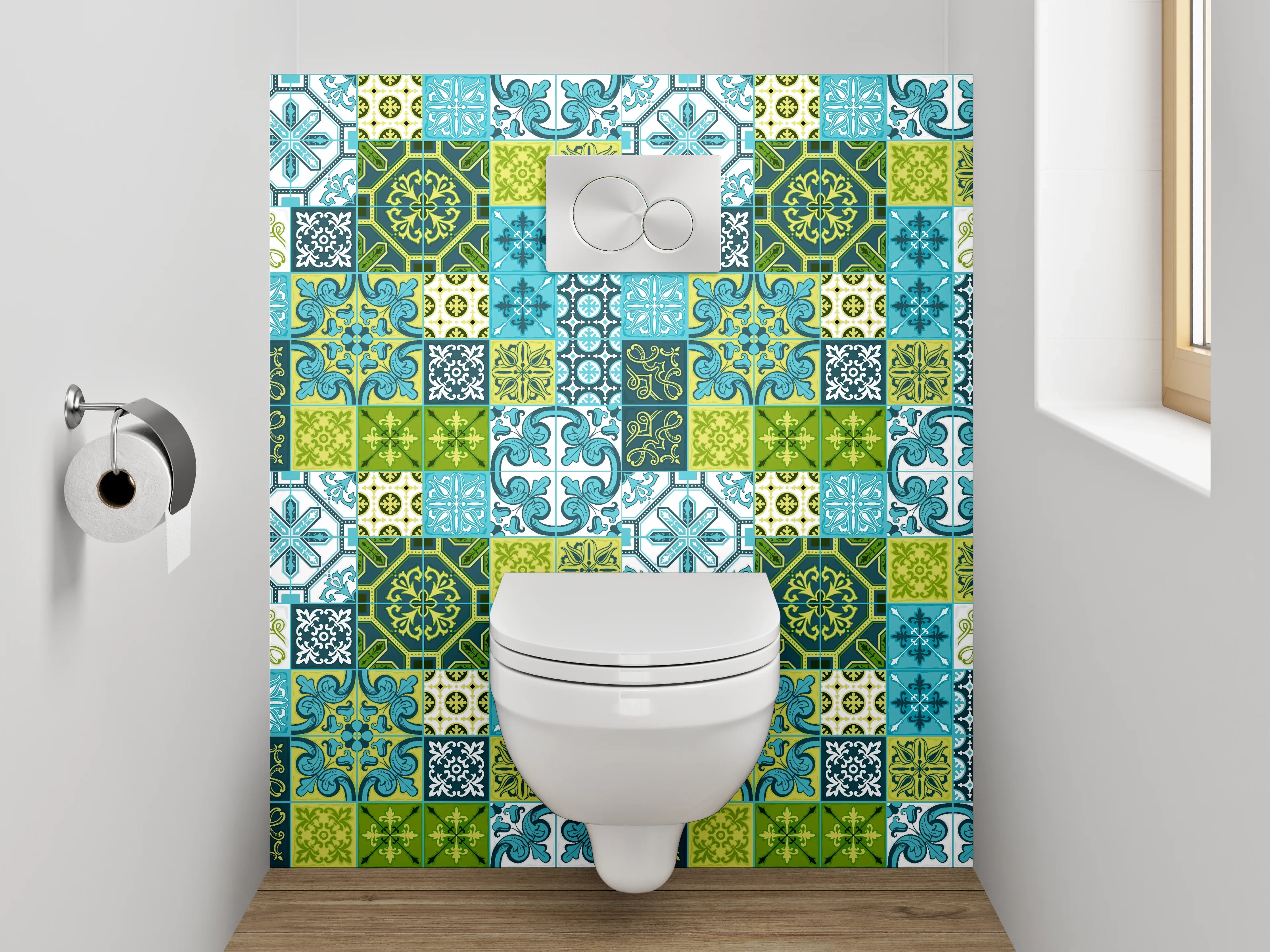 WC-Rückwand - Patchwork Fliesenmuster Blau Grün
