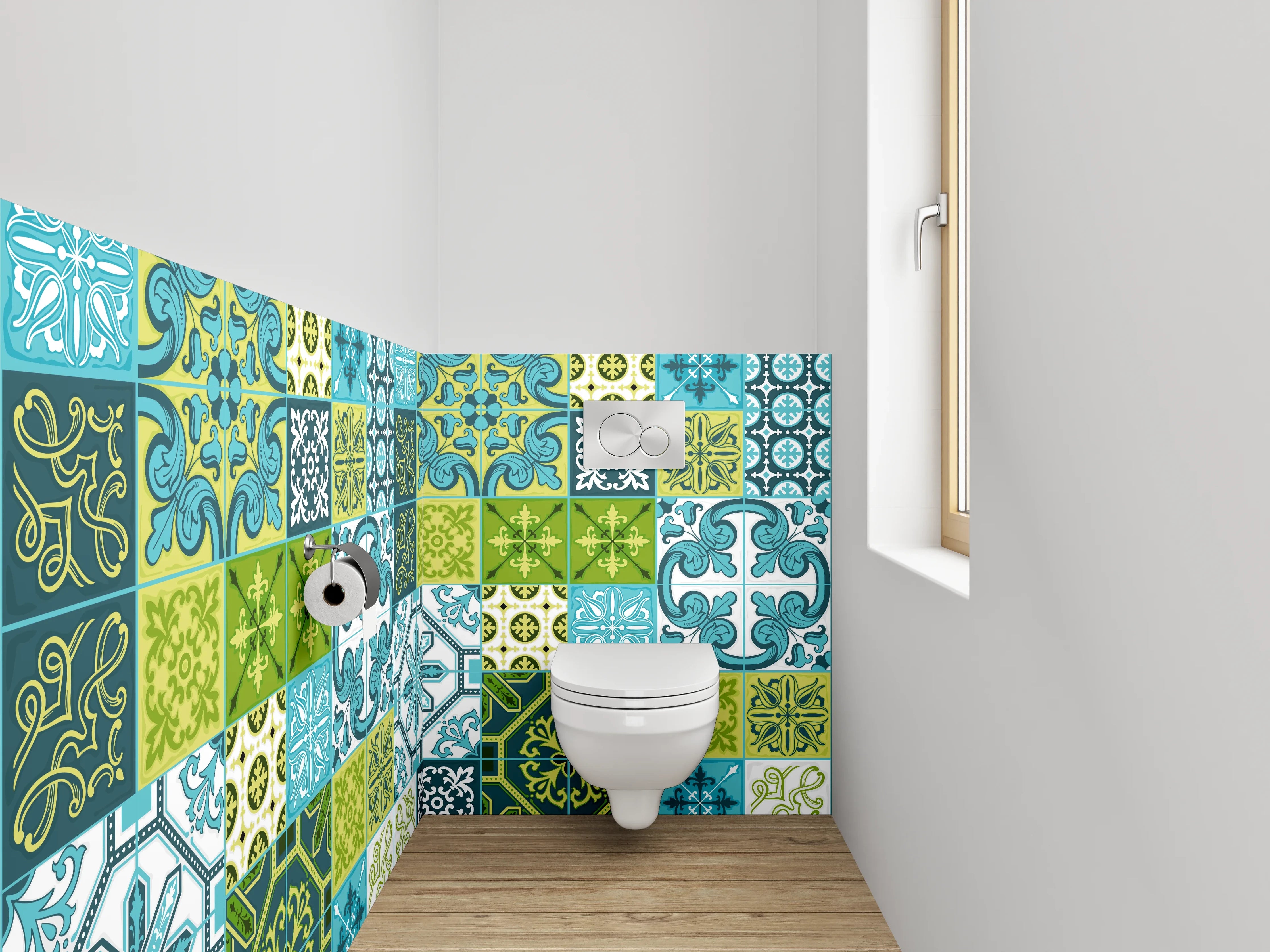 WC-Rückwand - Patchwork Fliesenmuster Blau Grün