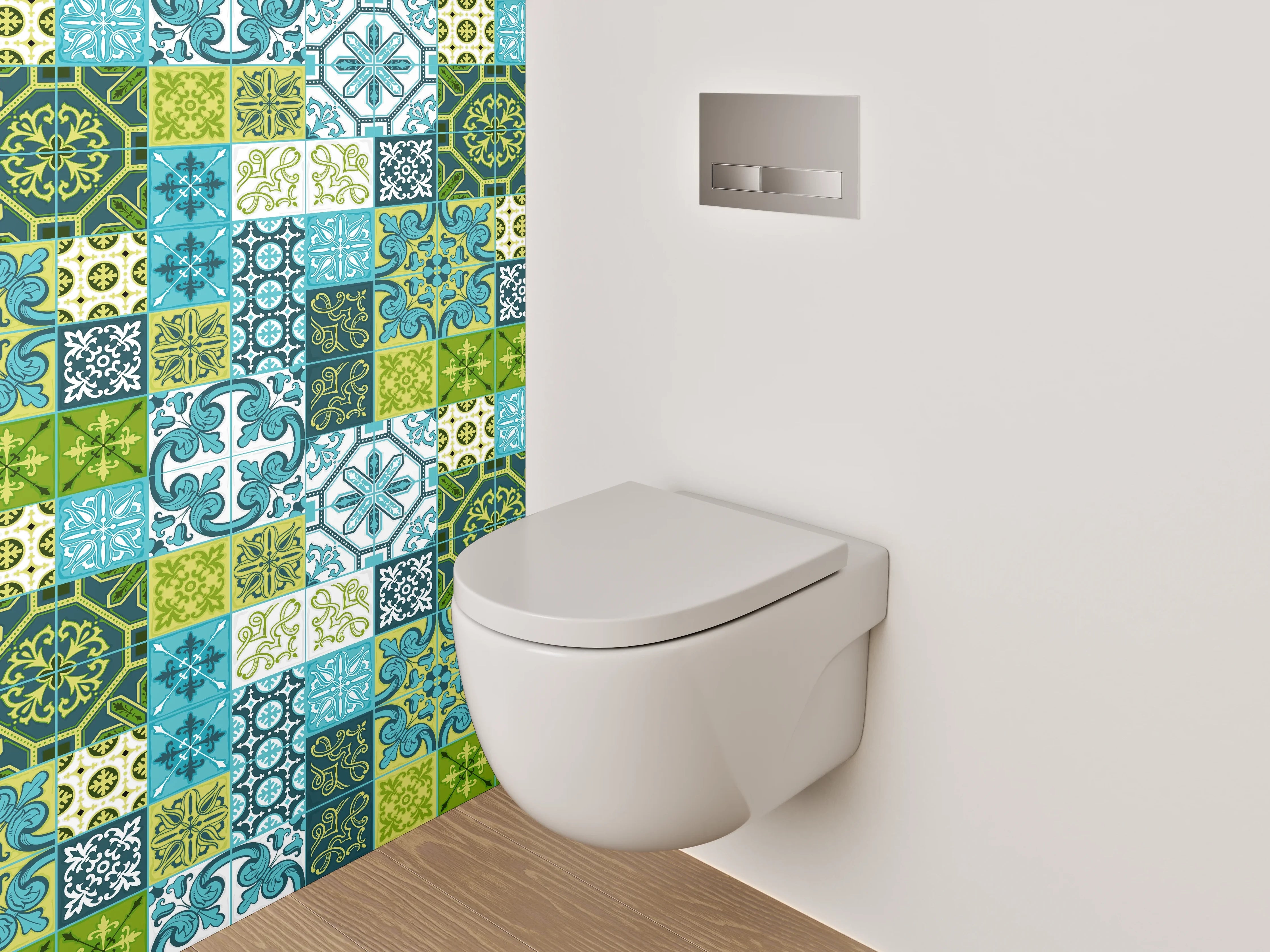 WC-Rückwand - Patchwork Fliesenmuster Blau Grün