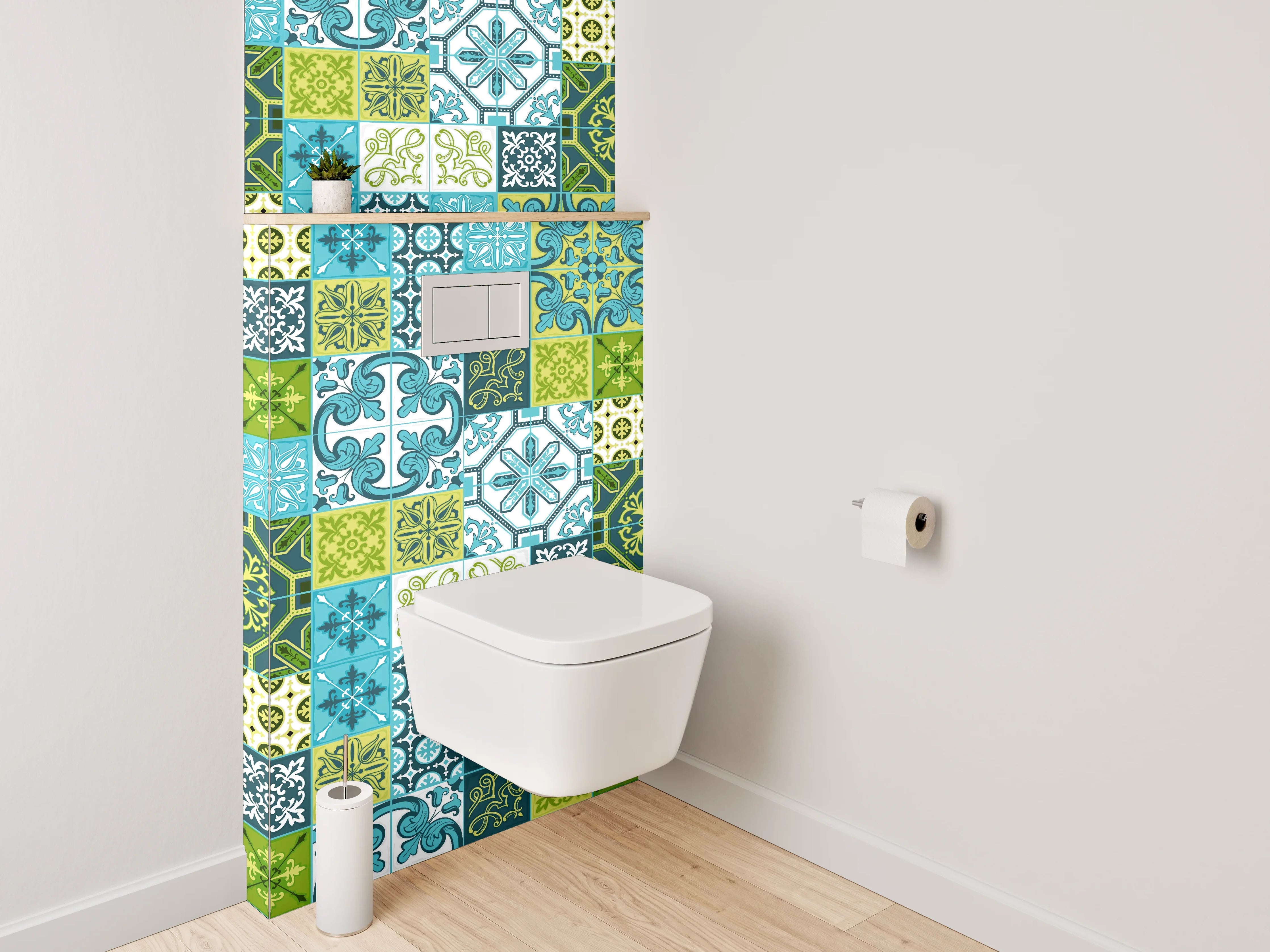 WC-Rückwand - Patchwork Fliesenmuster Blau Grün