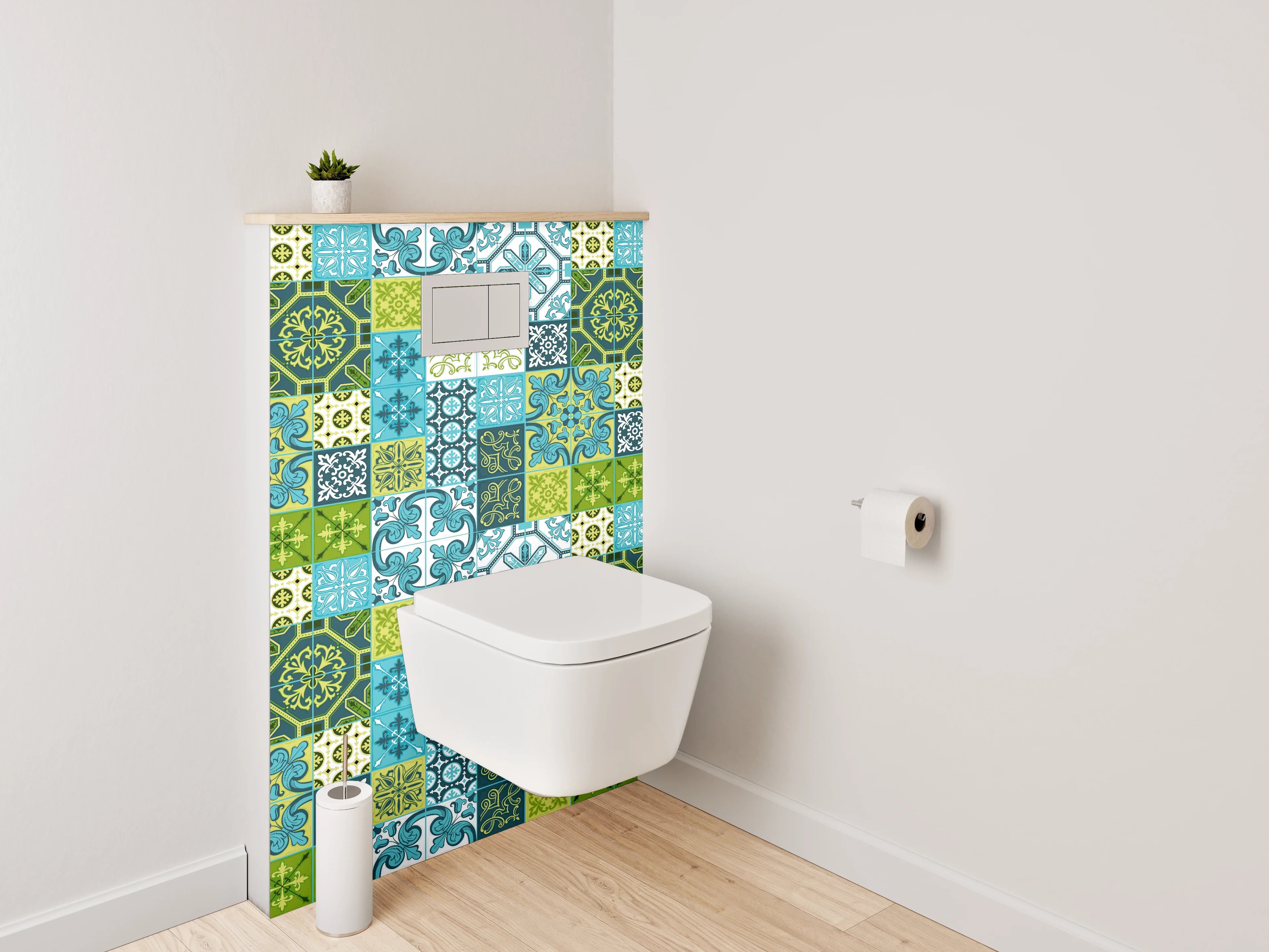 WC-Rückwand - Patchwork Fliesenmuster Blau Grün