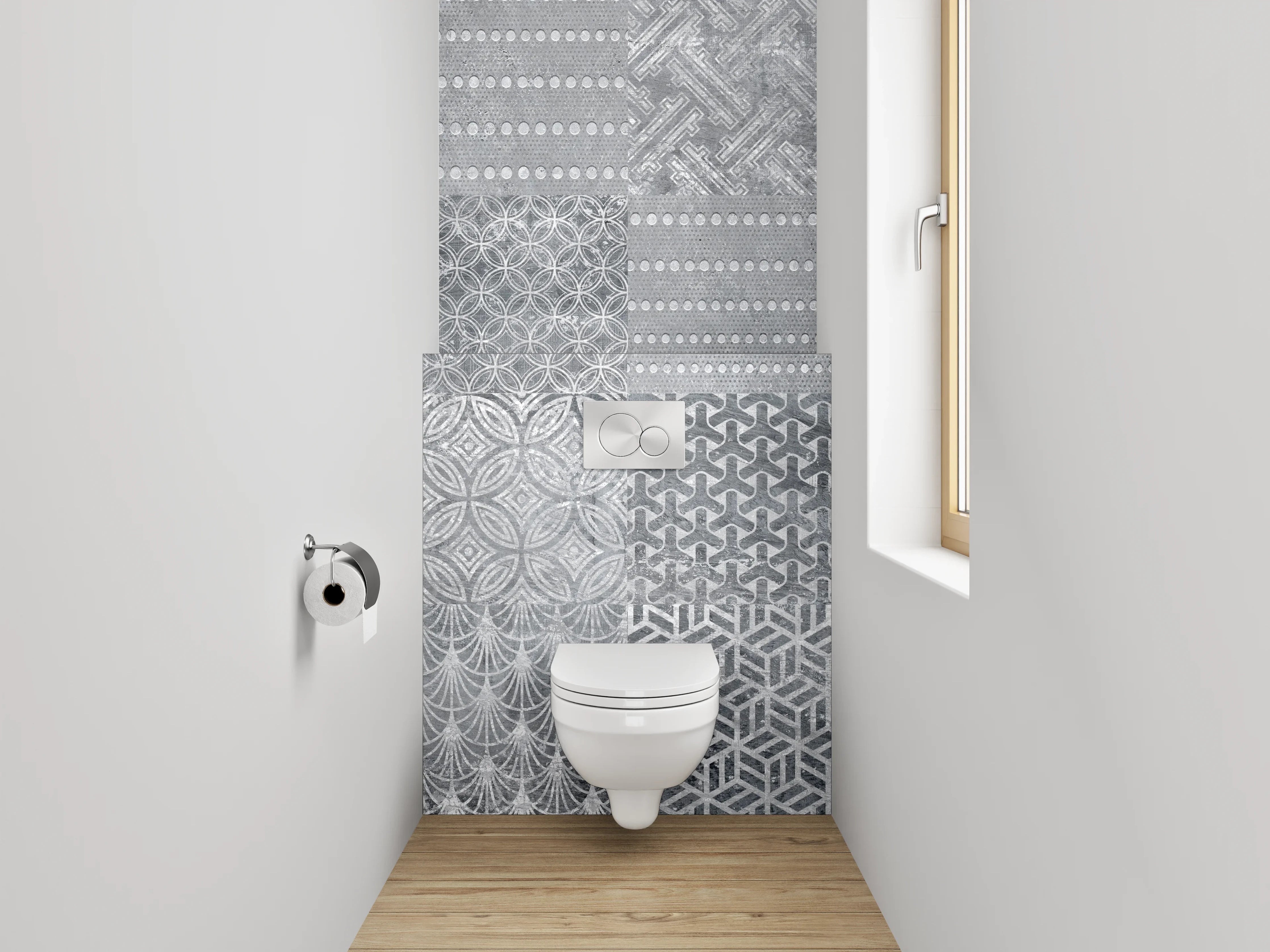 WC-Rückwand - Patchwork Fliesenmuster Grau Weiß