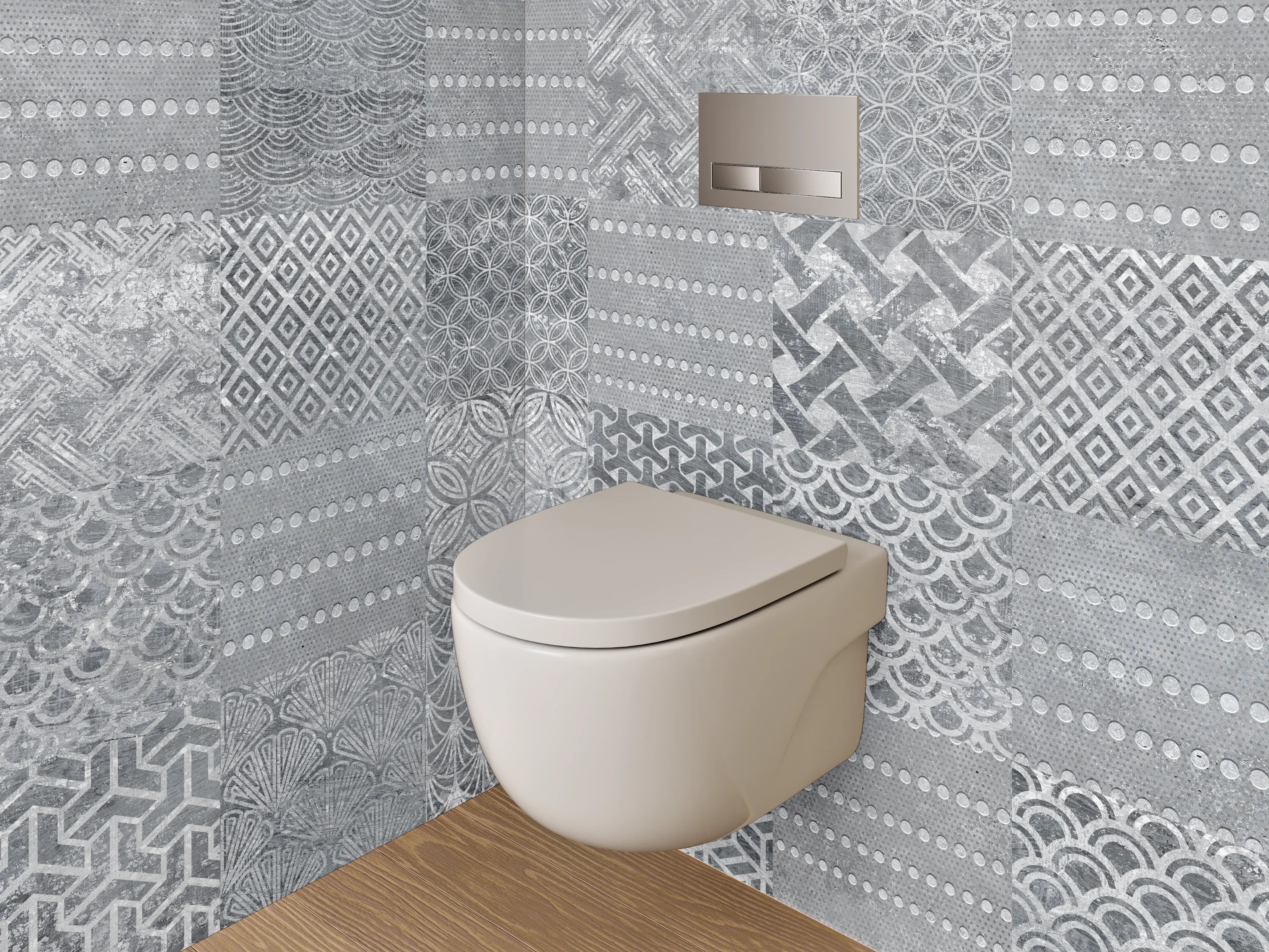 WC-Rückwand - Patchwork Fliesenmuster Grau Weiß