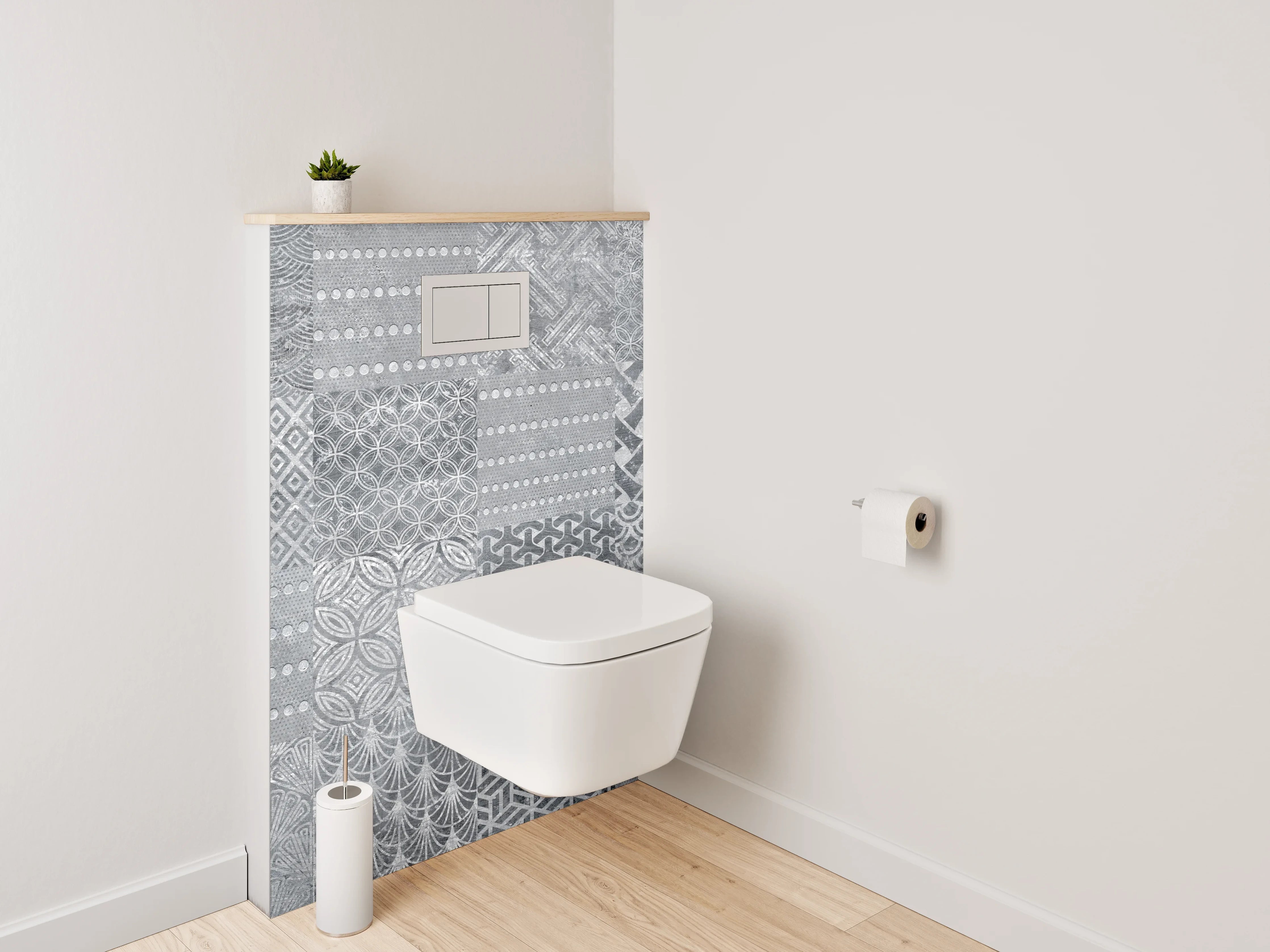WC-Rückwand - Patchwork Fliesenmuster Grau Weiß