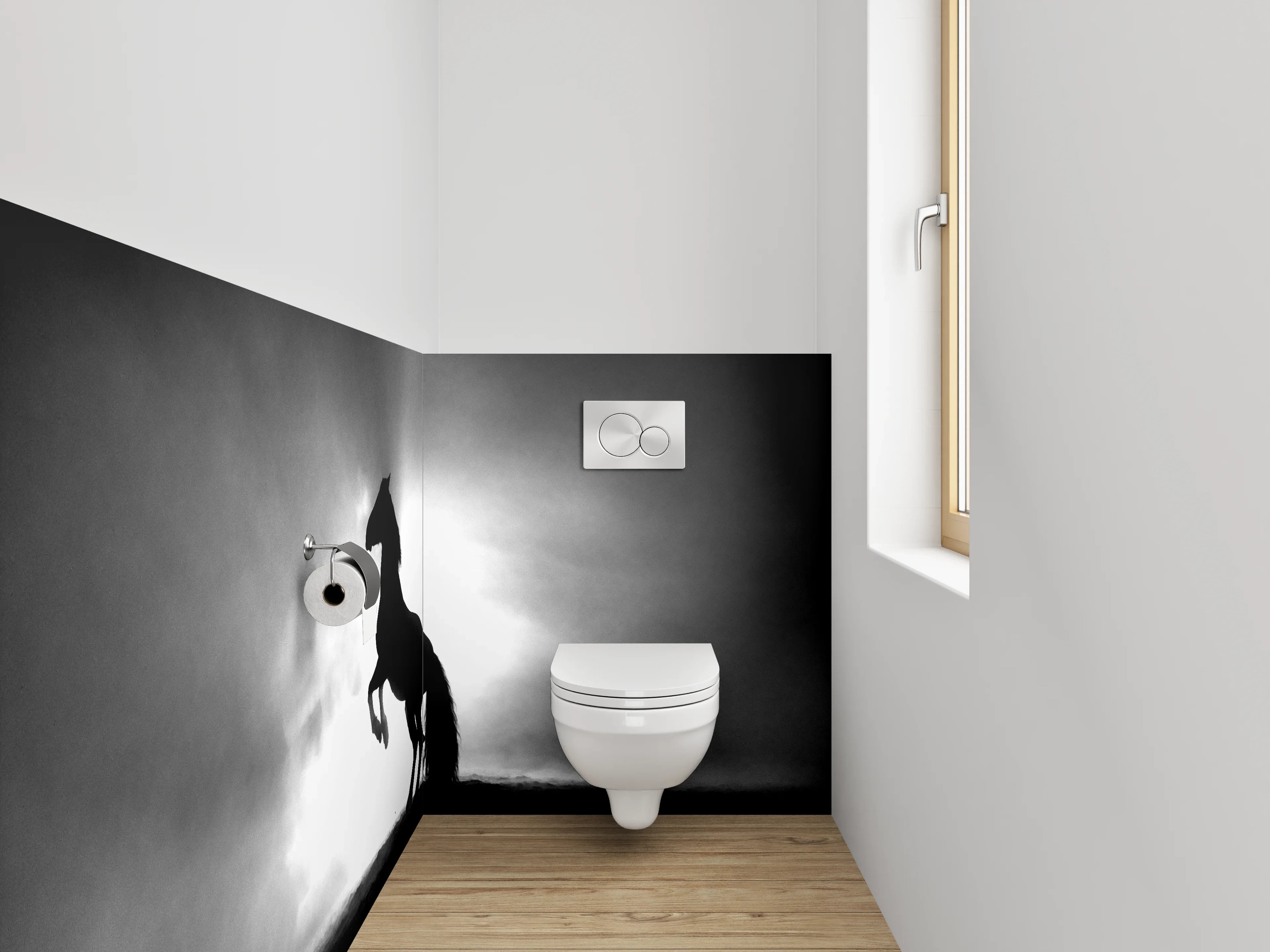 WC-Rückwand - Pferde-Silhouette im Nebel Schwarz-Weiß