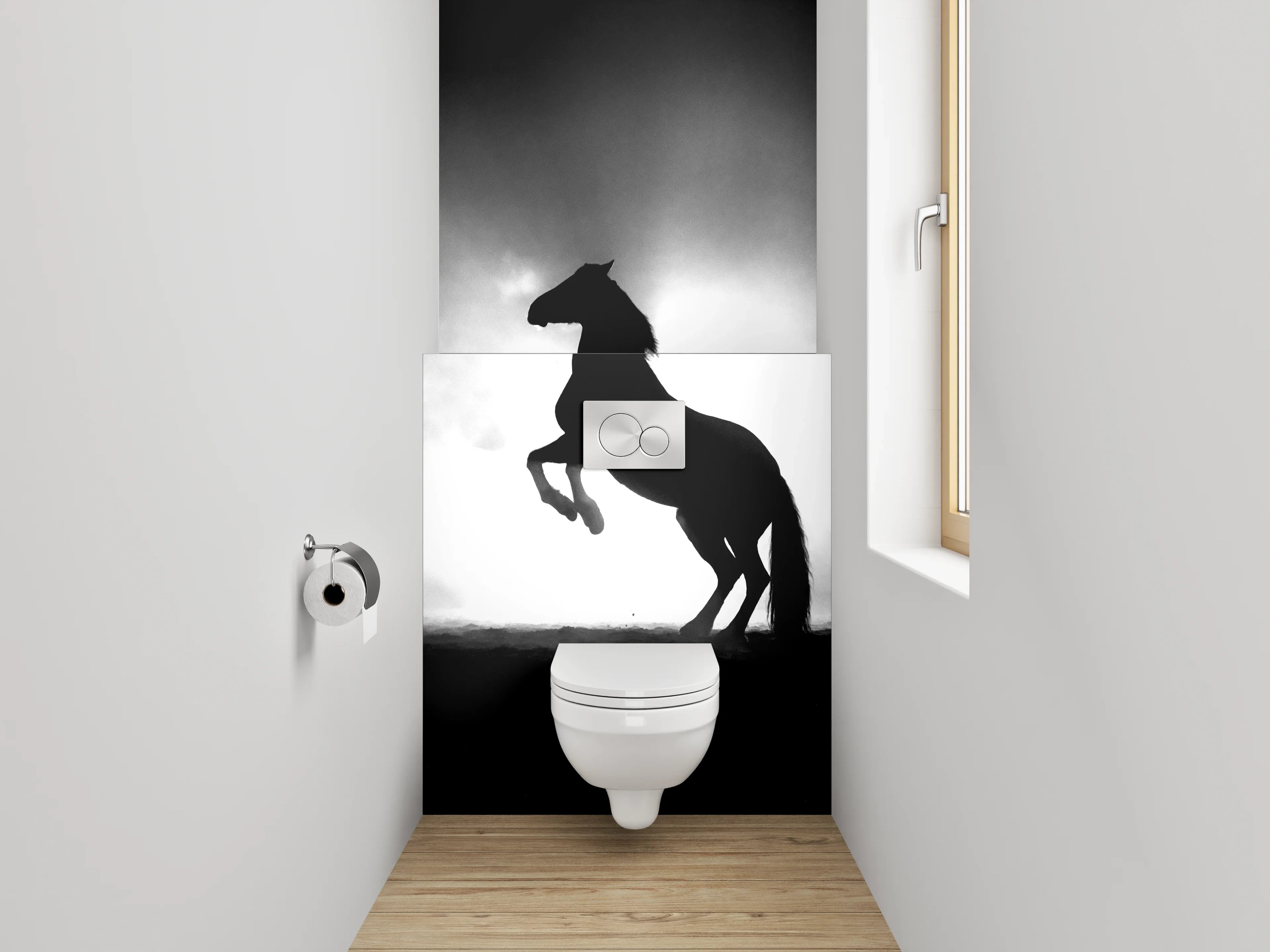 WC-Rückwand - Pferde-Silhouette im Nebel Schwarz-Weiß