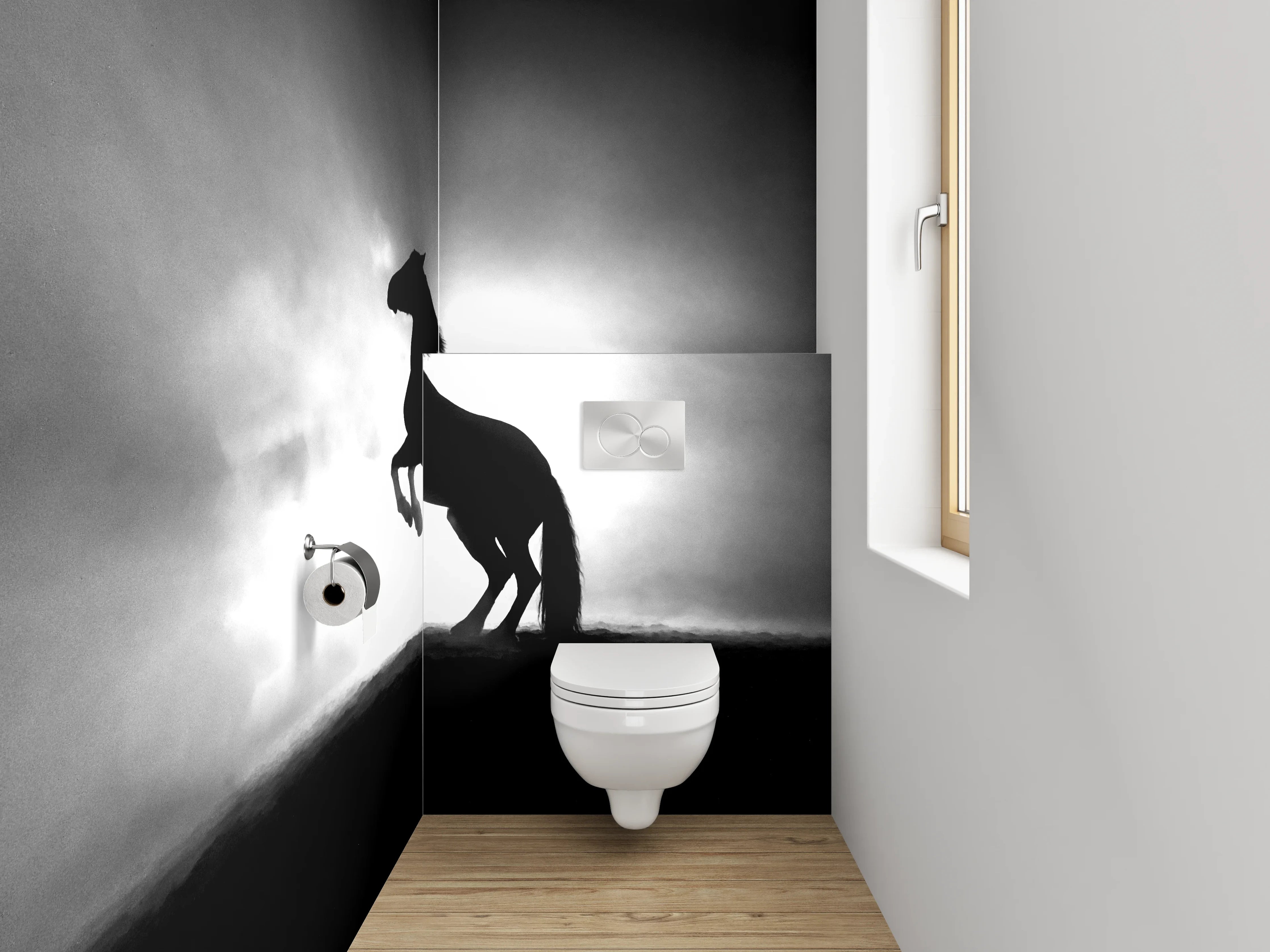WC-Rückwand - Pferde-Silhouette im Nebel Schwarz-Weiß
