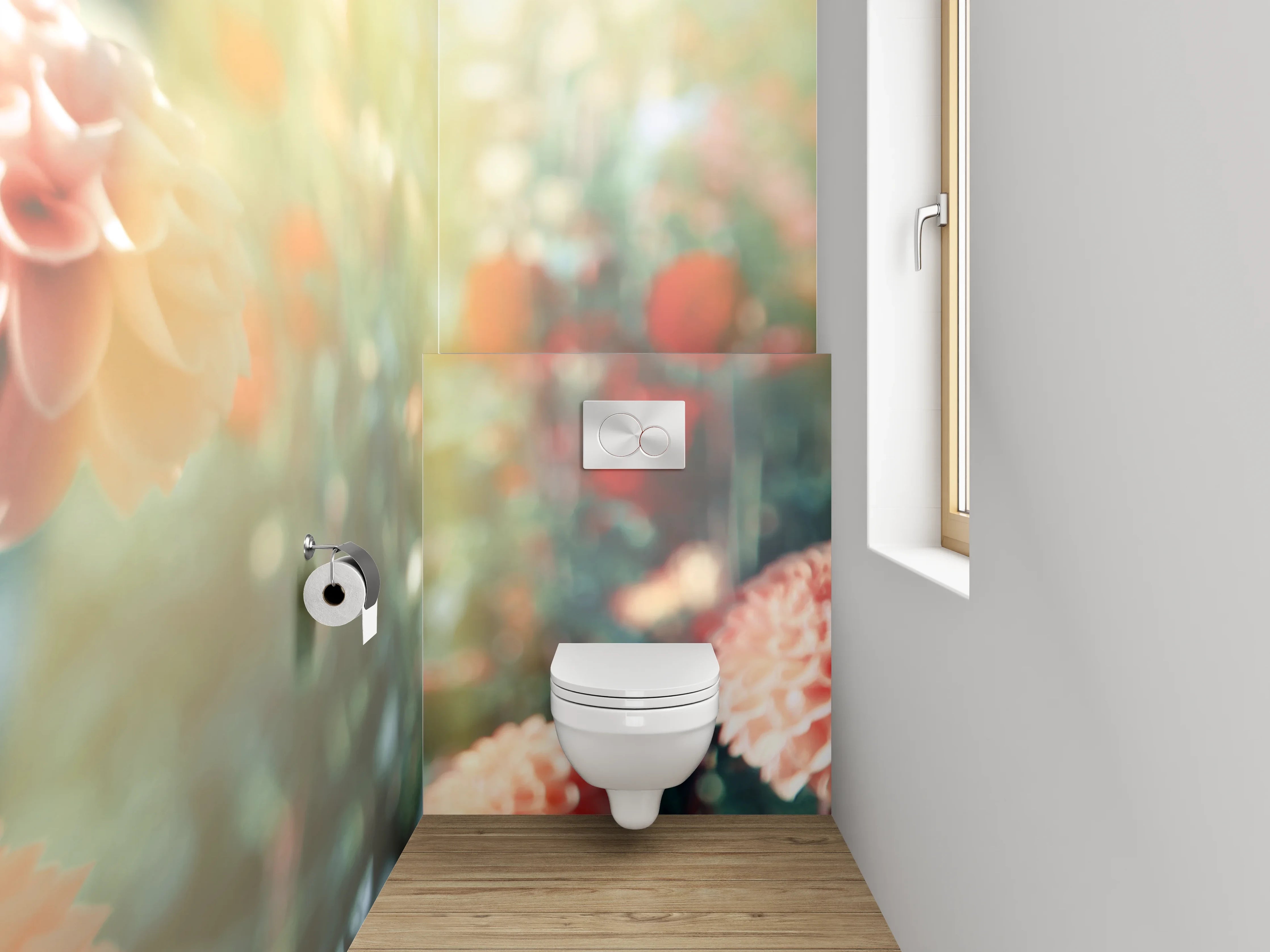WC-Rückwand - Pfirsichfarbene Dahlien im Sonnenlicht