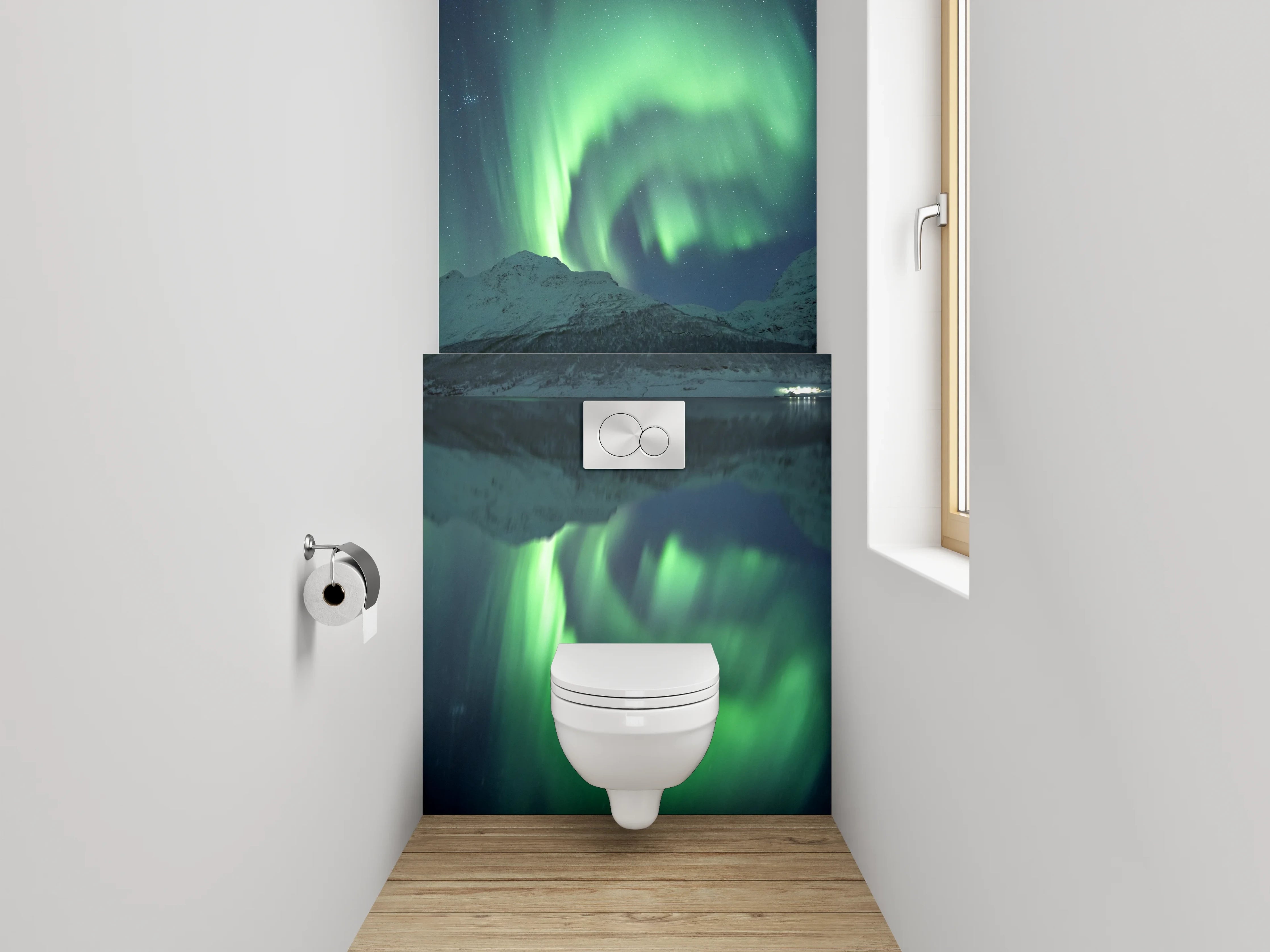 WC-Rückwand - Polarlicht über verschneiten Bergen