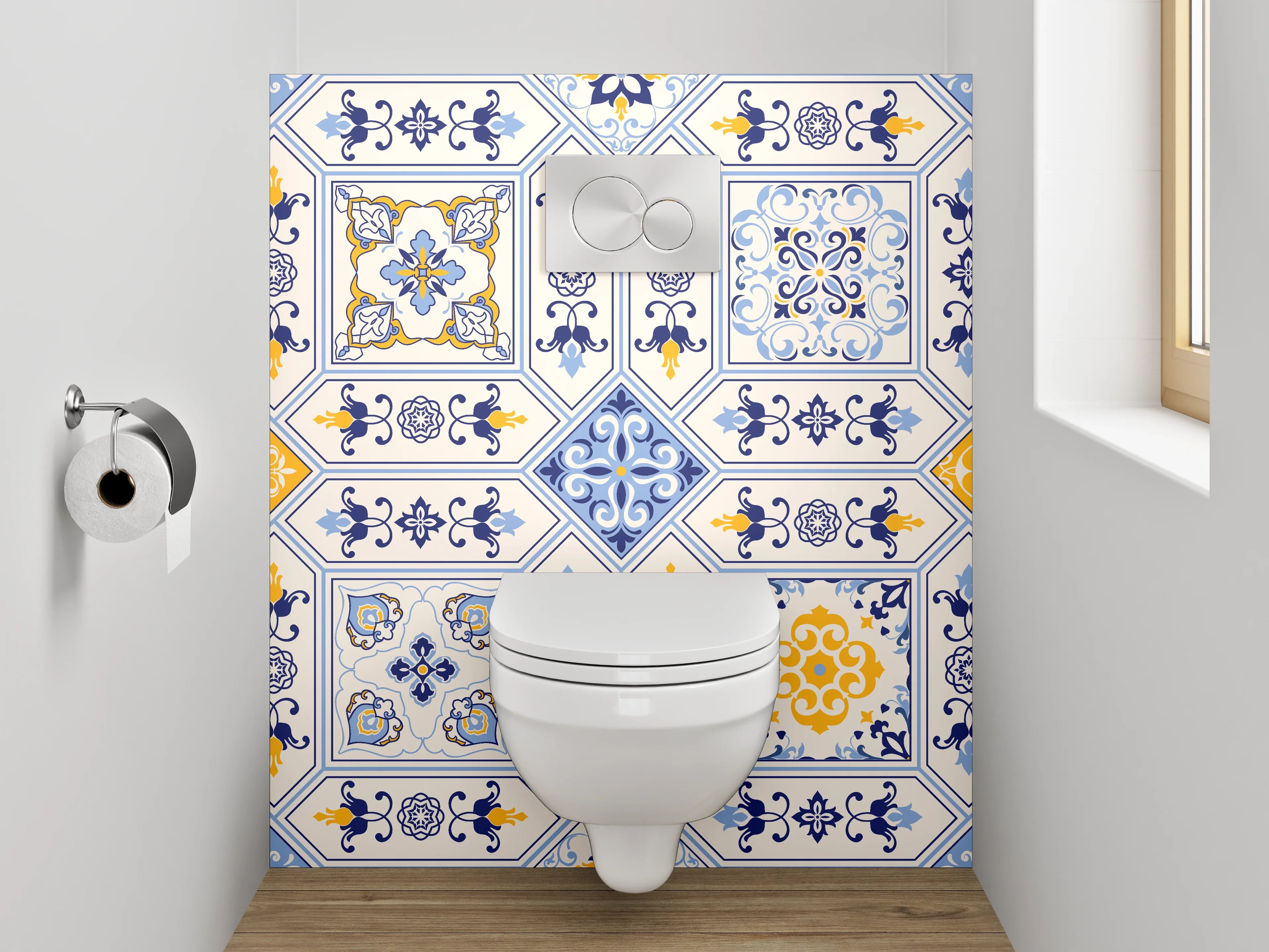 WC-Rückwand - Portugiesische Fliesen Ornamente Blau Gelb
