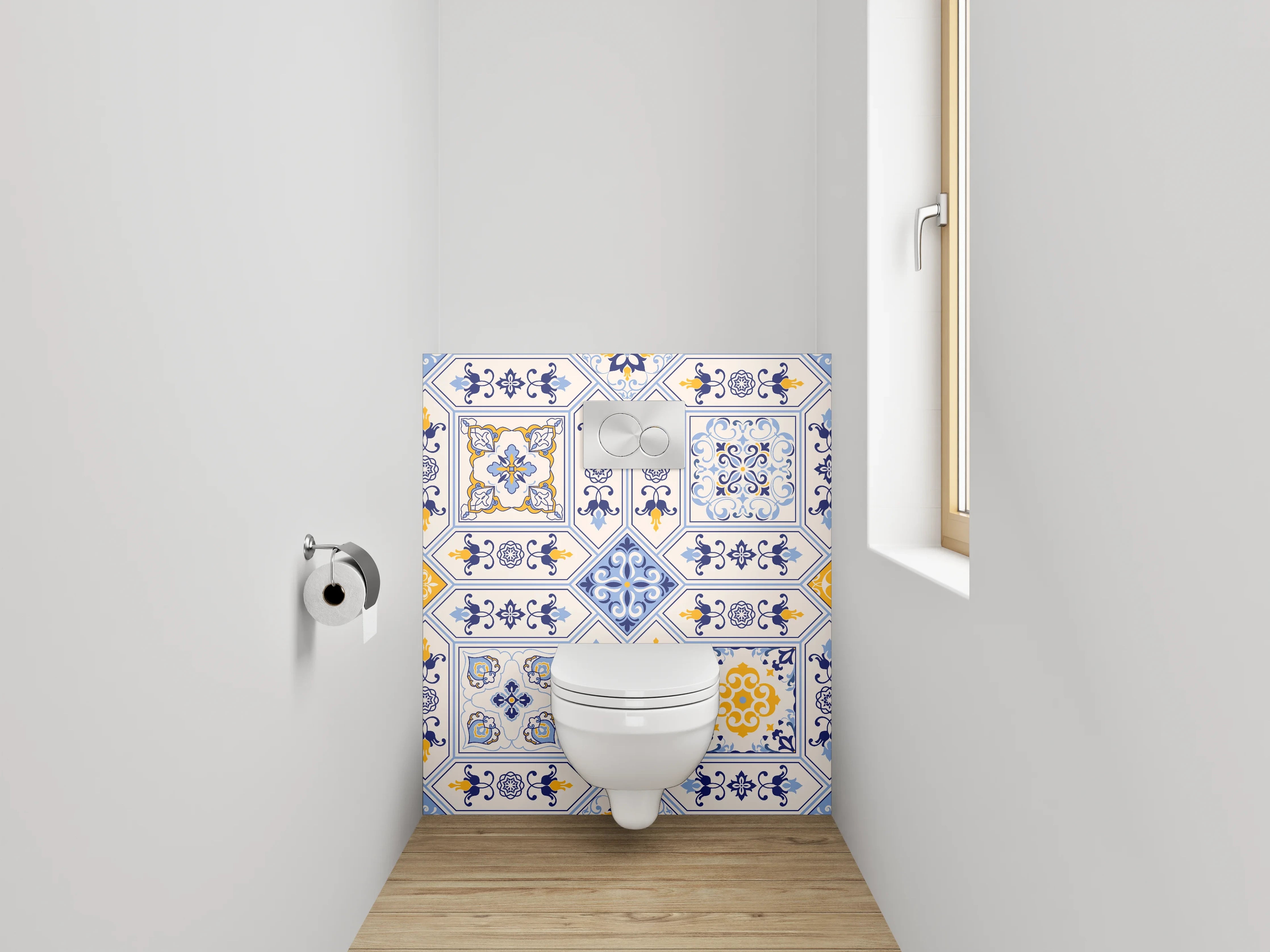 WC-Rückwand - Portugiesische Fliesen Ornamente Blau Gelb