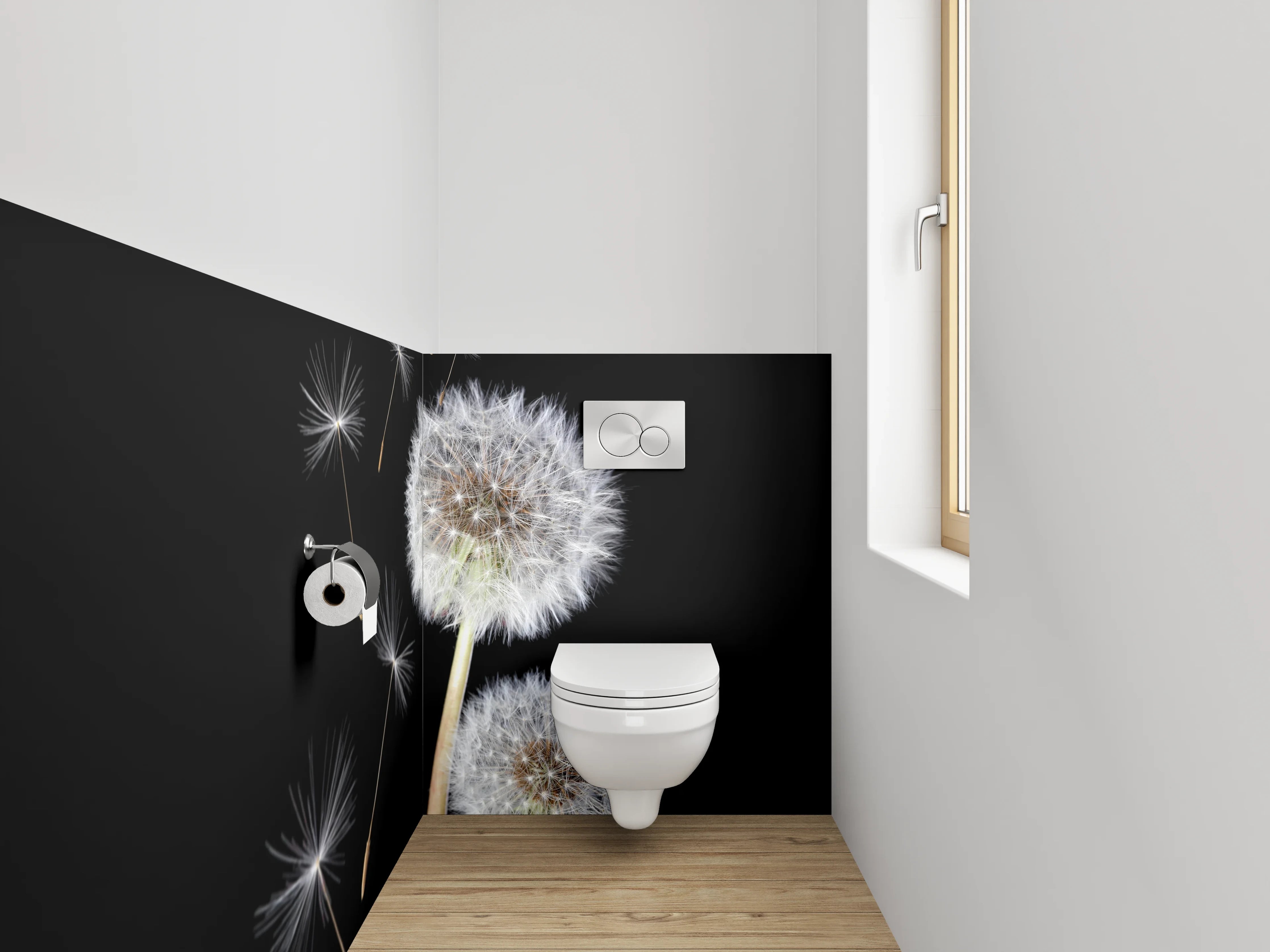 WC-Rückwand - Pusteblume auf Schwarz – Schlichte Eleganz