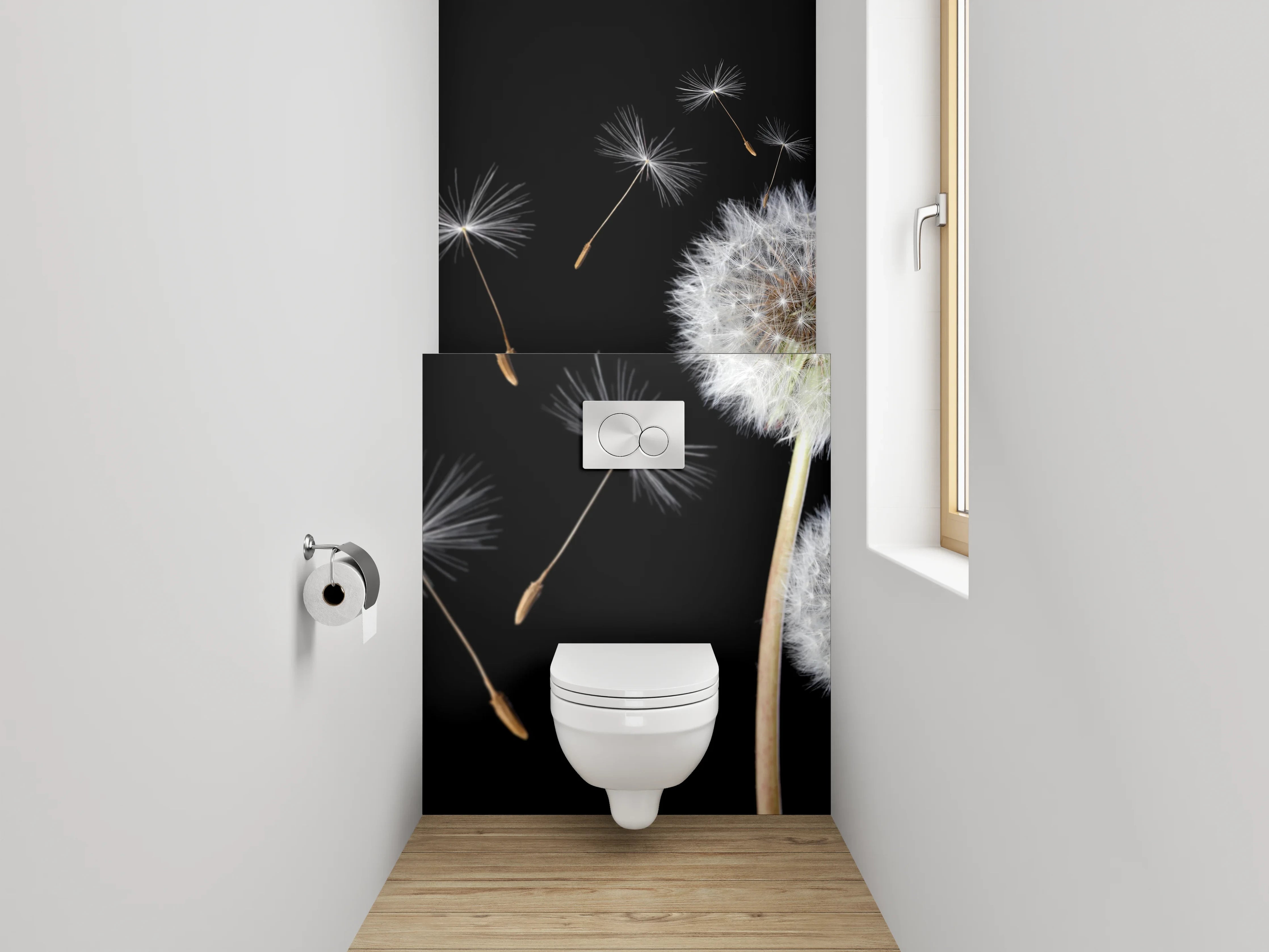 WC-Rückwand - Pusteblume auf Schwarz – Schlichte Eleganz