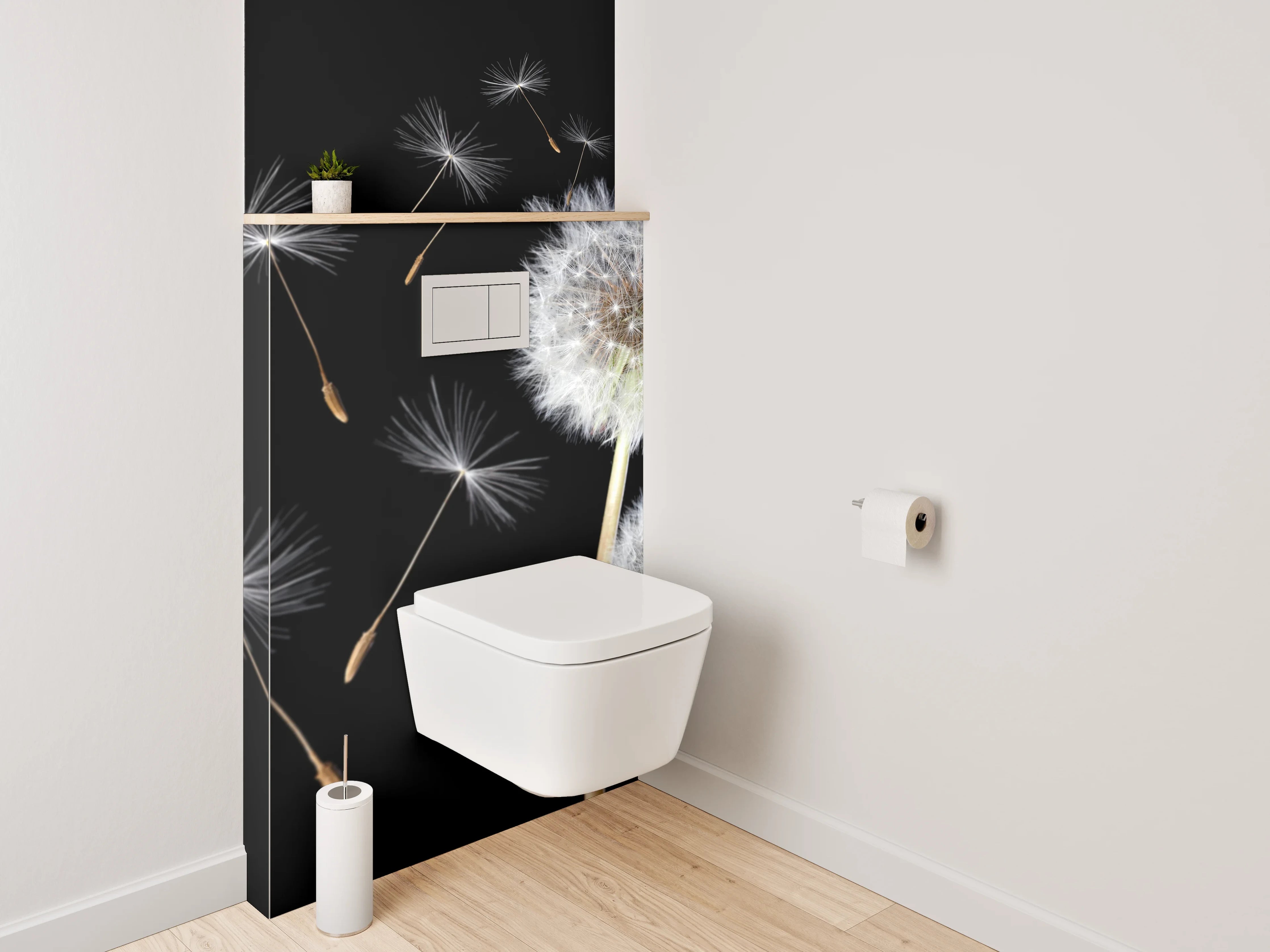 WC-Rückwand - Pusteblume auf Schwarz – Schlichte Eleganz