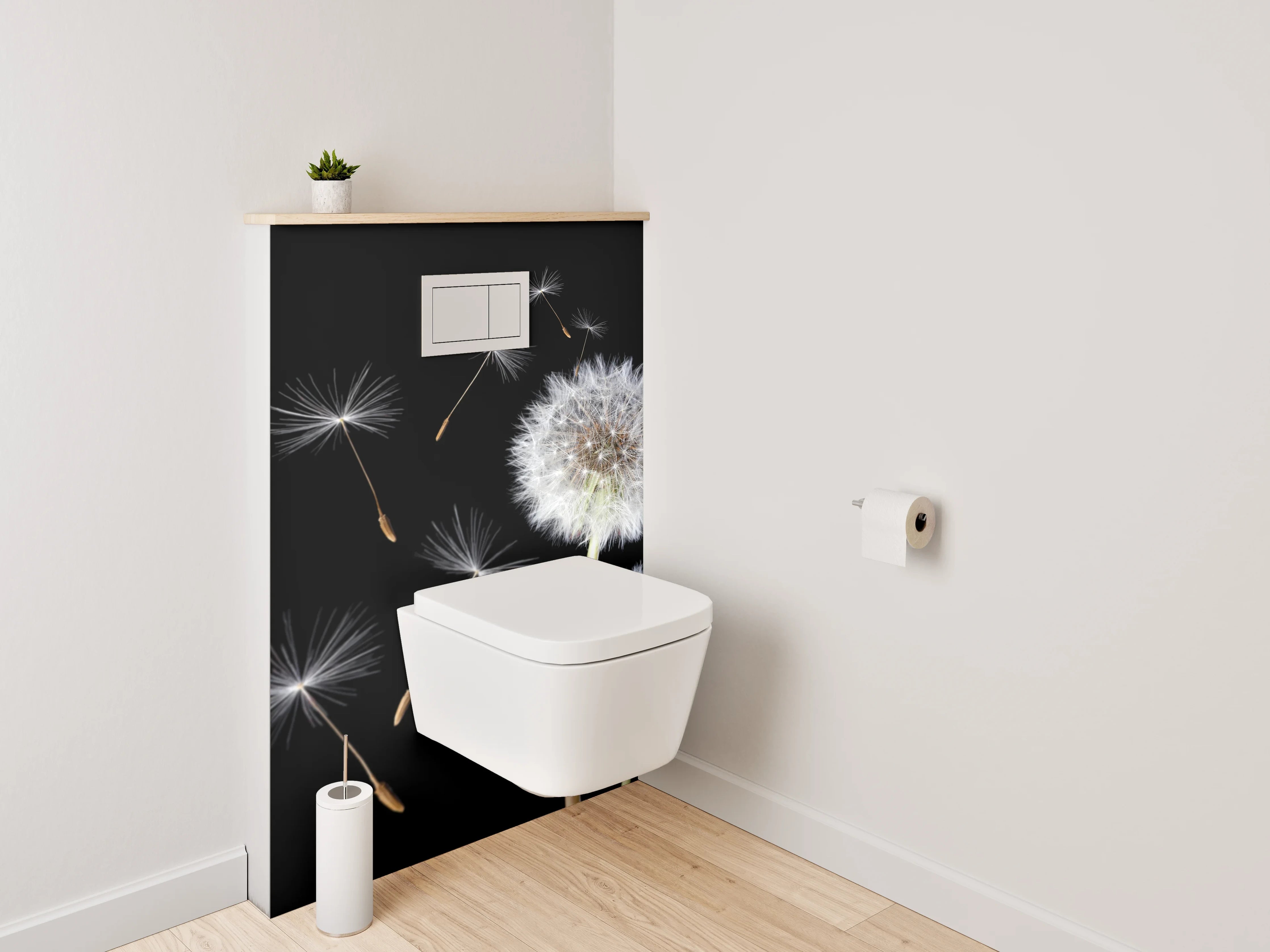 WC-Rückwand - Pusteblume auf Schwarz – Schlichte Eleganz