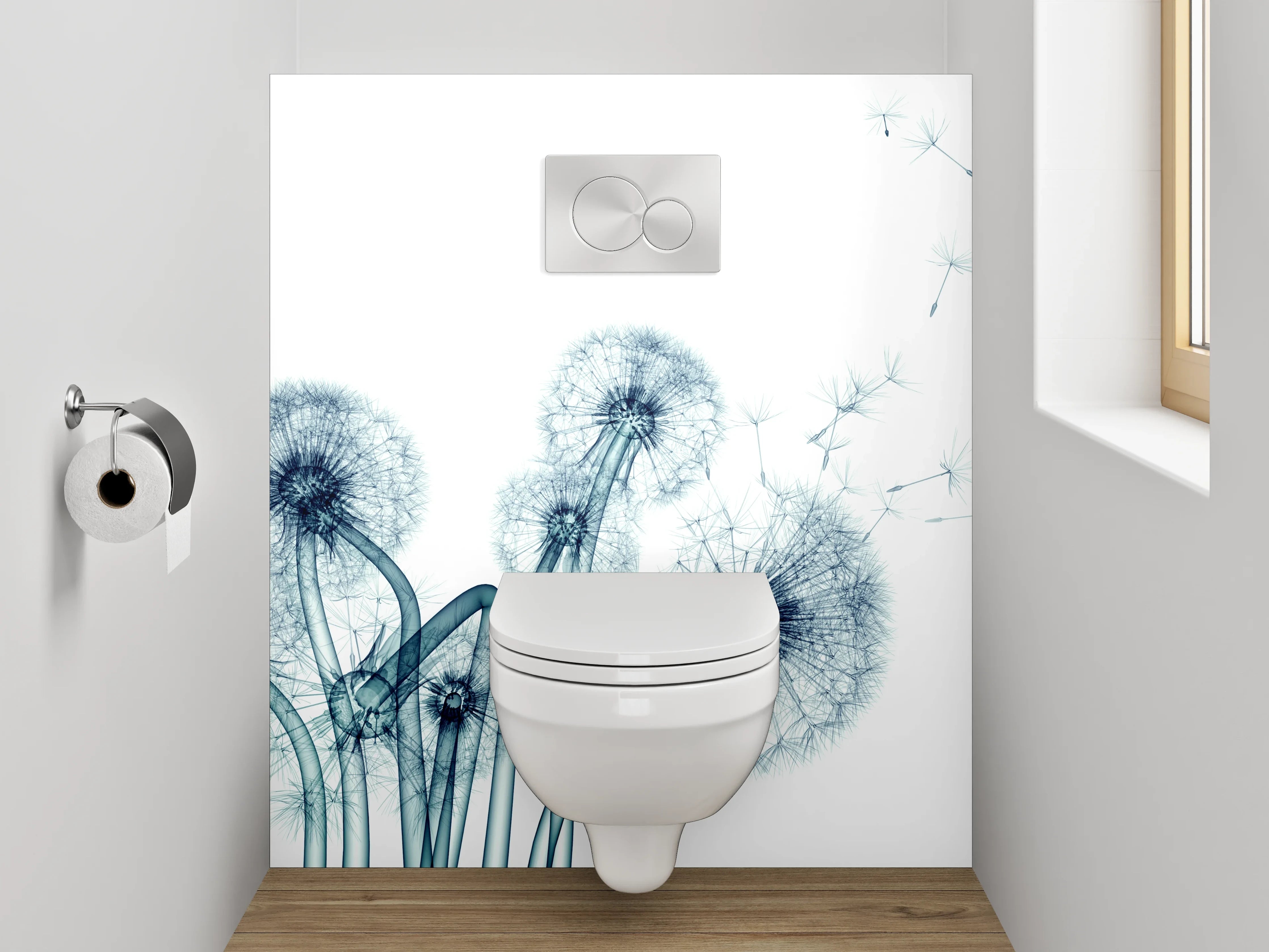 WC-Rückwand - Pusteblume in Blau-Grau auf Weiß