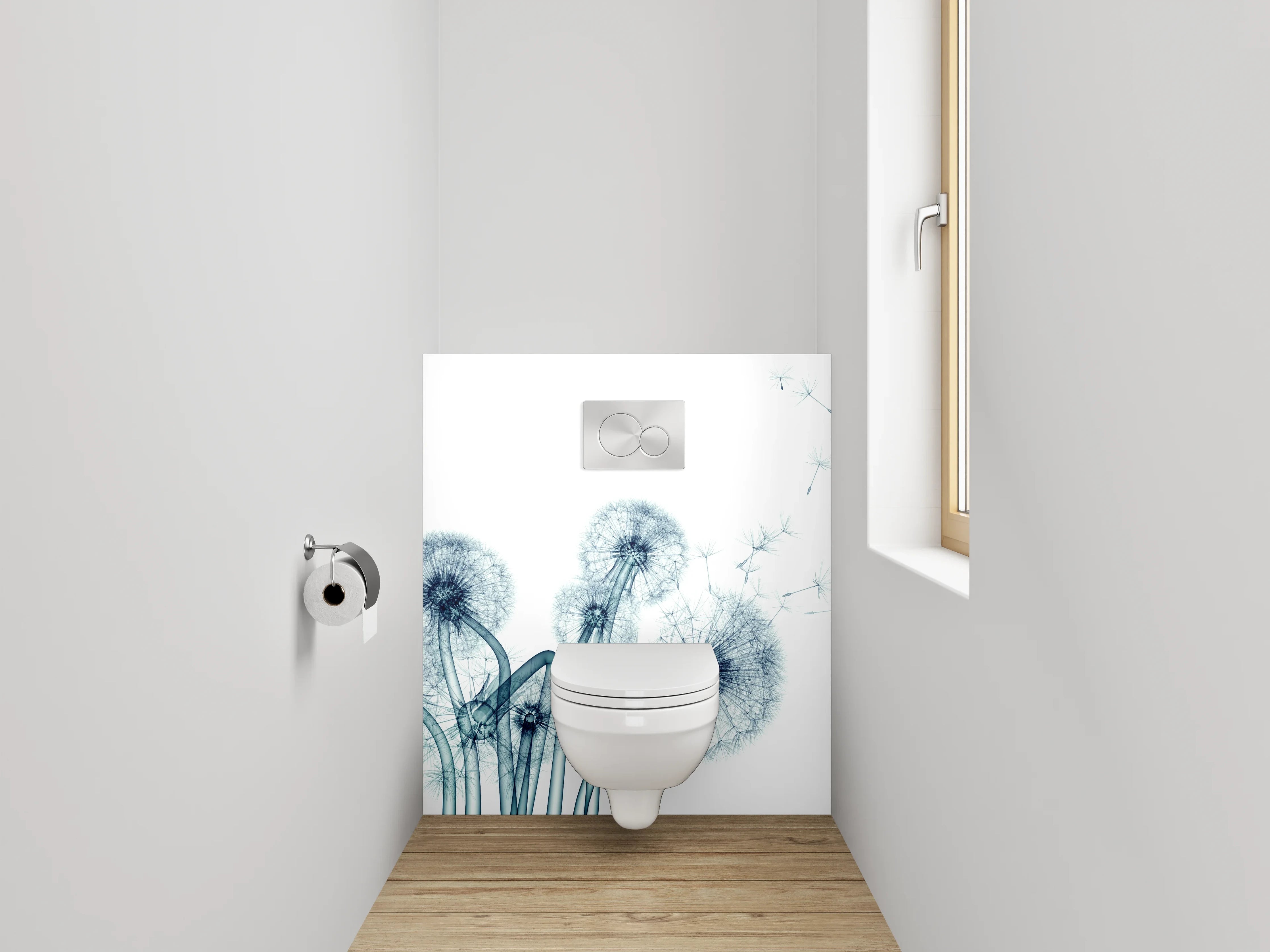 WC-Rückwand - Pusteblume in Blau-Grau auf Weiß