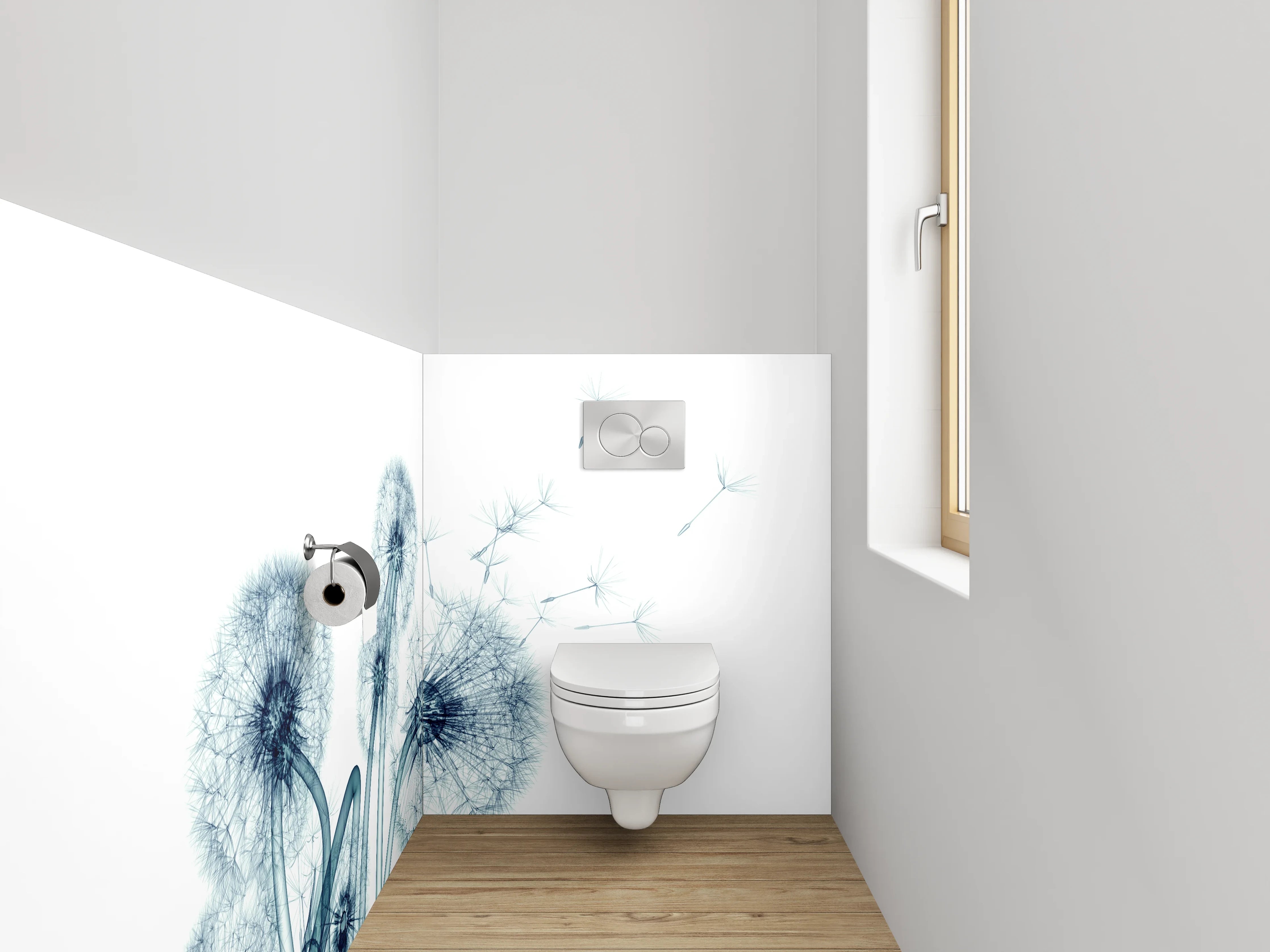 WC-Rückwand - Pusteblume in Blau-Grau auf Weiß