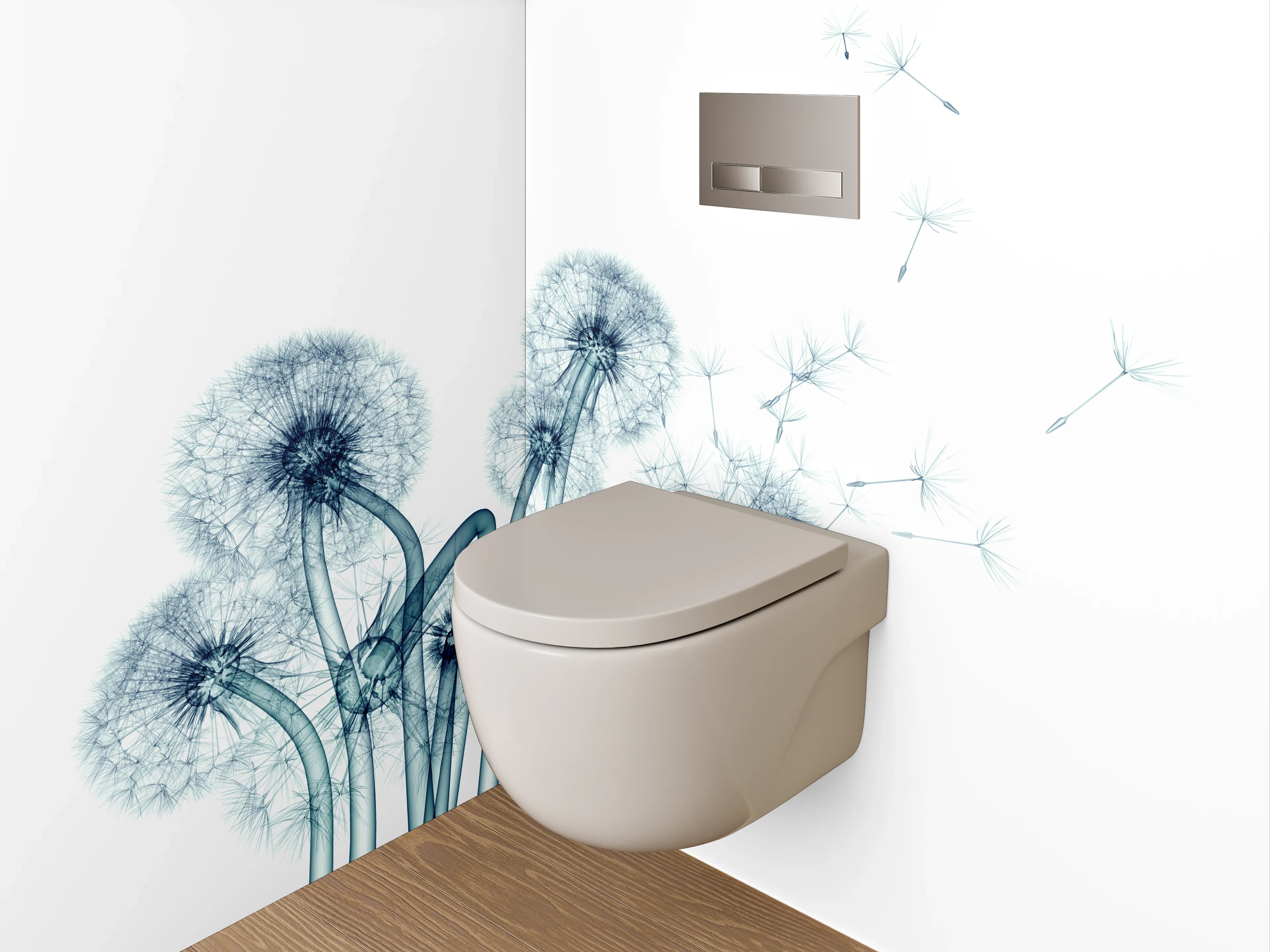 WC-Rückwand - Pusteblume in Blau-Grau auf Weiß